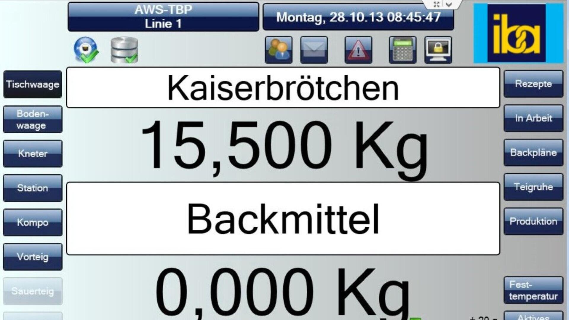 A digital industrial control panel displays Kaiserbrötchen 15,500 Kg and Backmittel 0,000 Kg with various buttons and menu options on the sides. The screen header shows the date Montag, 28.10.13 and time 08:45:47.