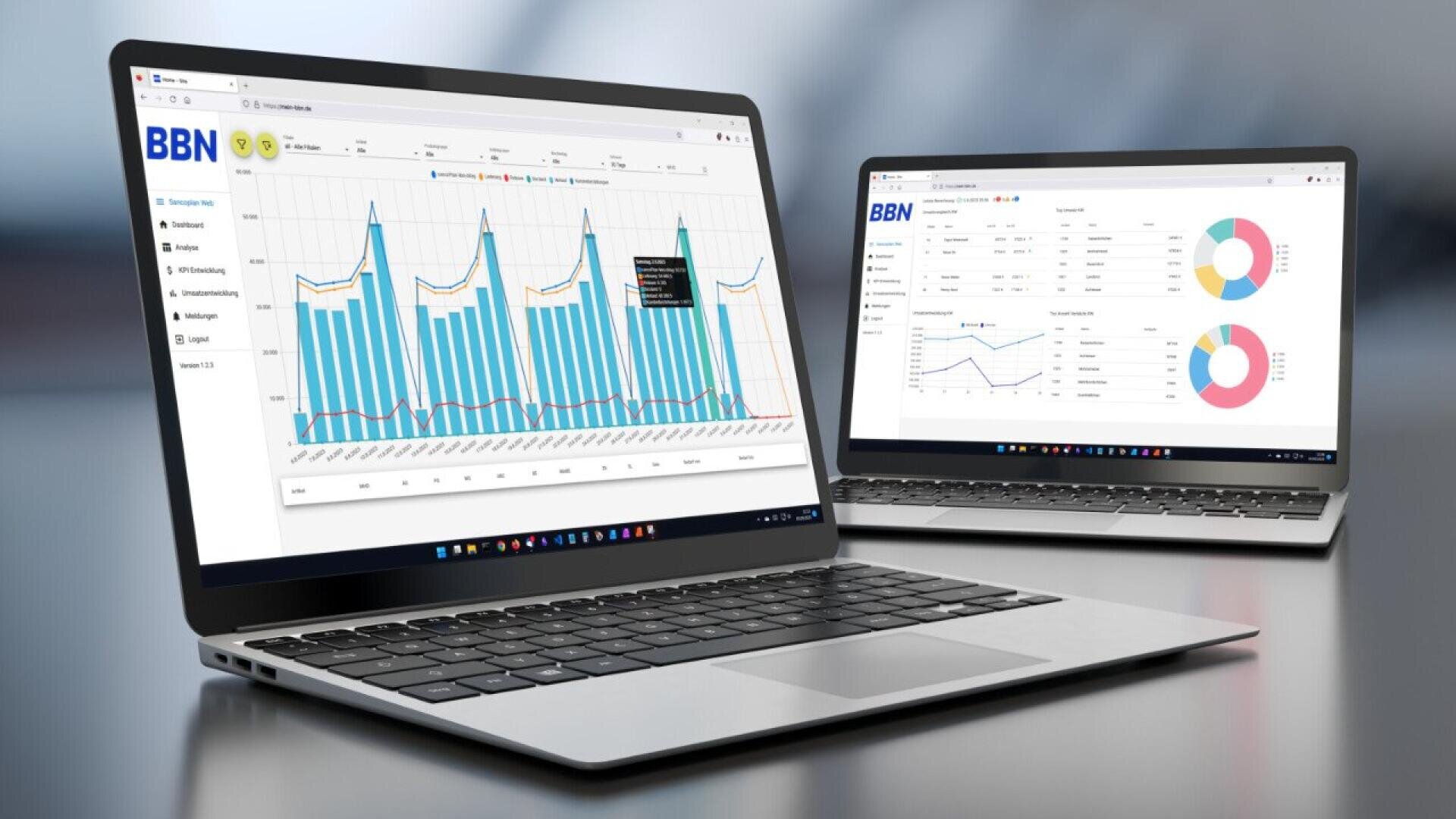 Two laptops on a desk display business analytics dashboards with bar graphs, line charts, and colorful pie charts labeled BBN on their screens, indicating data analysis and performance tracking.