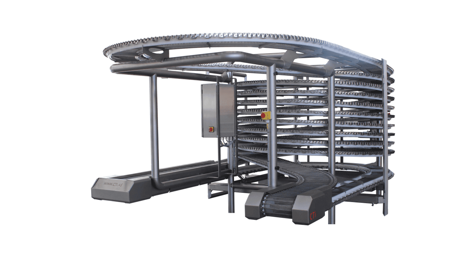 Ein großes, spiralförmiges Fördersystem aus Metallrahmen und schwarzen Förderbändern, das für den automatischen Materialtransport oder Produktionsprozesse konzipiert ist. Die Struktur verfügt über mehrere gebogene Ebenen und ein angeschlossenes Bedienfeld.