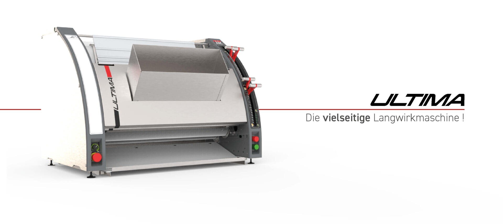 Eine moderne Industriemaschine mit der Aufschrift ULTIMA und dem deutschen Text Die vielseitige Langwirkmaschine! auf der rechten Seite, was auf Englisch The versatile long knitting machine! bedeutet. Die Maschine ist aus Metall mit Bedienfeldern.