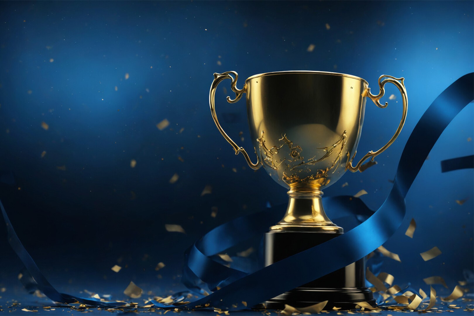 Eine glänzende goldene Trophäe mit verzierten Griffen steht auf einem schwarzen Sockel, umgeben von goldenem Konfetti und einem blauen Band vor einem blauen Hintergrund.