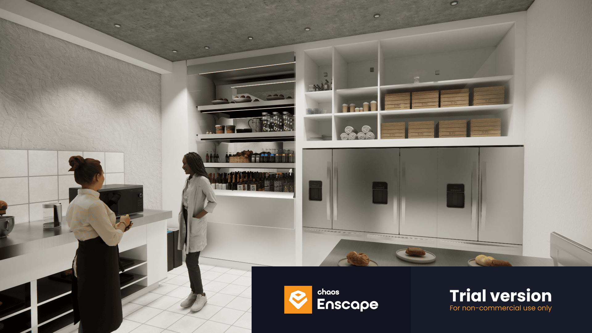 Two women stand in a modern, organized kitchen with shelves of jars and boxes, large refrigerators, and a counter with bread. The image has a Chaos Enscape Trial version watermark in the corner.