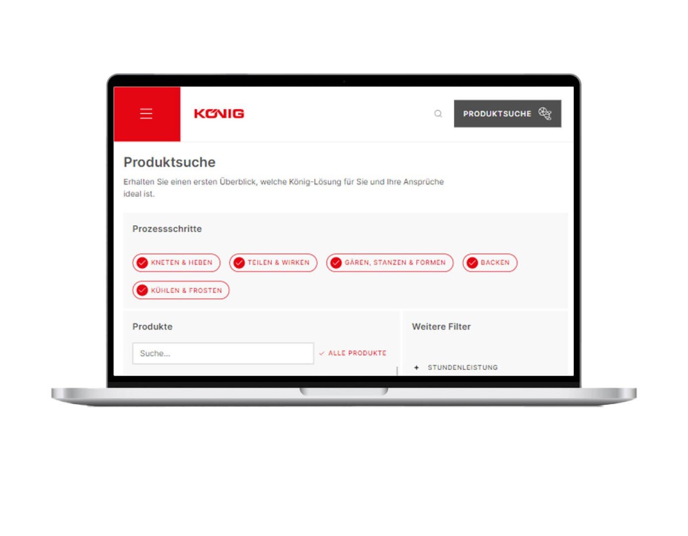 Auf einem Laptop wird die Produktsuchseite der König-Website angezeigt, die Prozessschritte wie Kneten & Heben, Teilen & Wirken, Gären, Stanzen & Formen, Backen und Kühlen & Frosten mit Filteroptionen enthält.