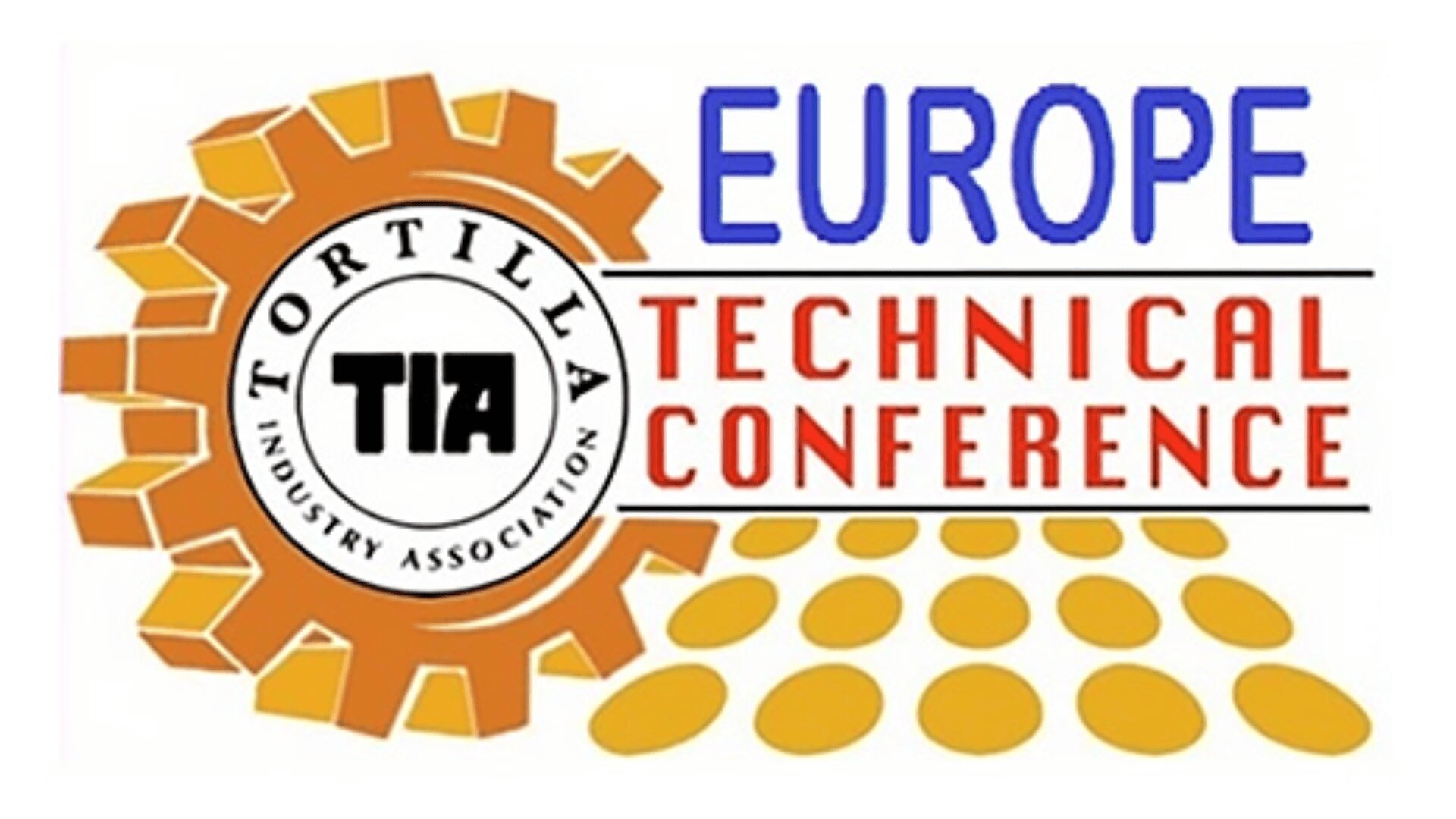 Logo für die technische Konferenz der Tortilla Industry Association Europe mit einem braunen Zahnrad, gelben Tortilla-Chips und fettem Text in Schwarz, Blau und Rot.
