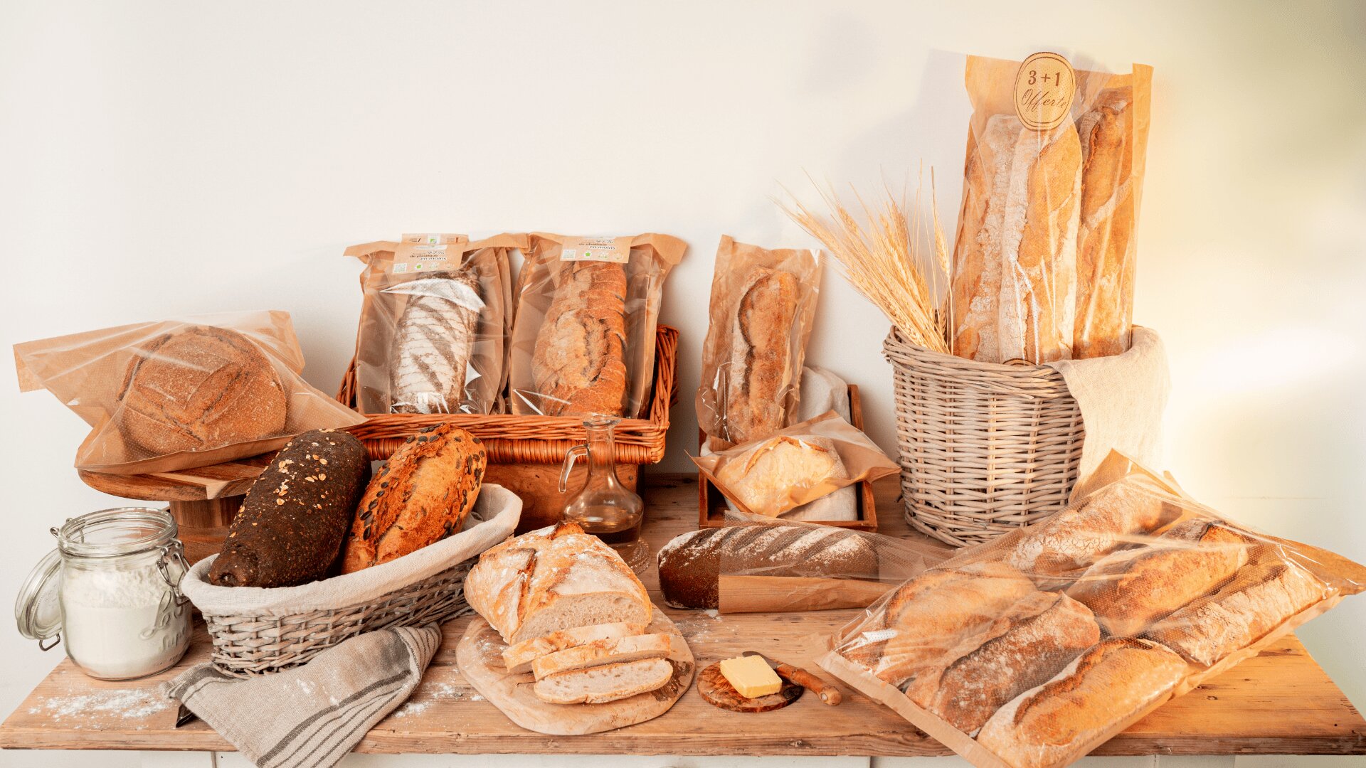 A rustic wooden table displays various loaves of bread, baguettes, and rolls in paper bags and baskets, alongside a jar of flour, a butter dish, and a bundle of wheat against a light background.
