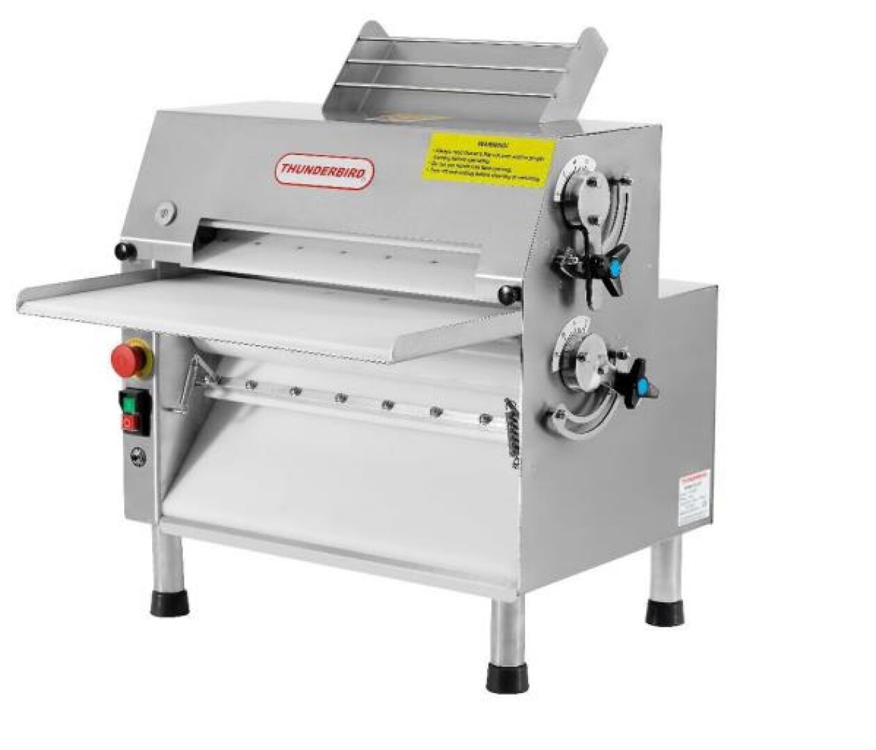 A commercial stainless steel bread slicer machine with adjustment dials, safety labels, and a feed tray, labeled Thunderbird. The machine stands on four legs and has a red, yellow, and green control button panel.