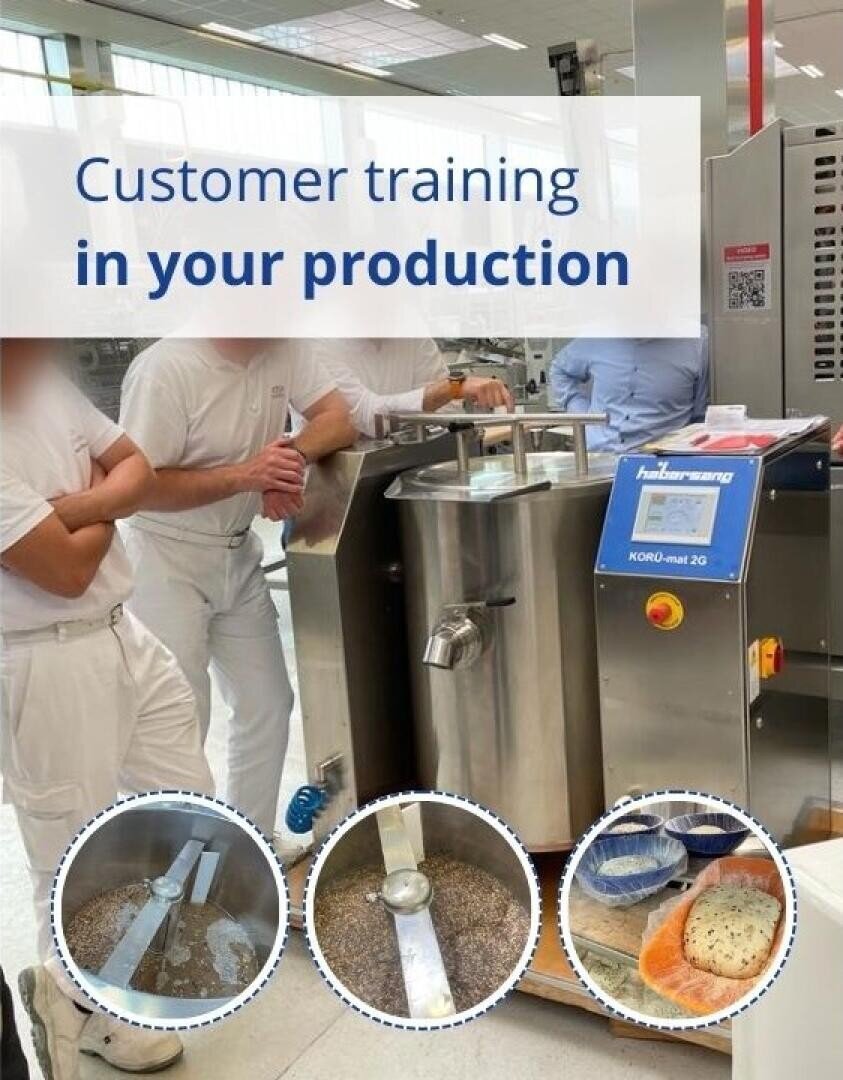 Several people in white uniforms stand around a stainless steel industrial mixer in a factory setting, with a sign reading Customer training in your production. Three inset images show close-ups of ingredients in the mixer.