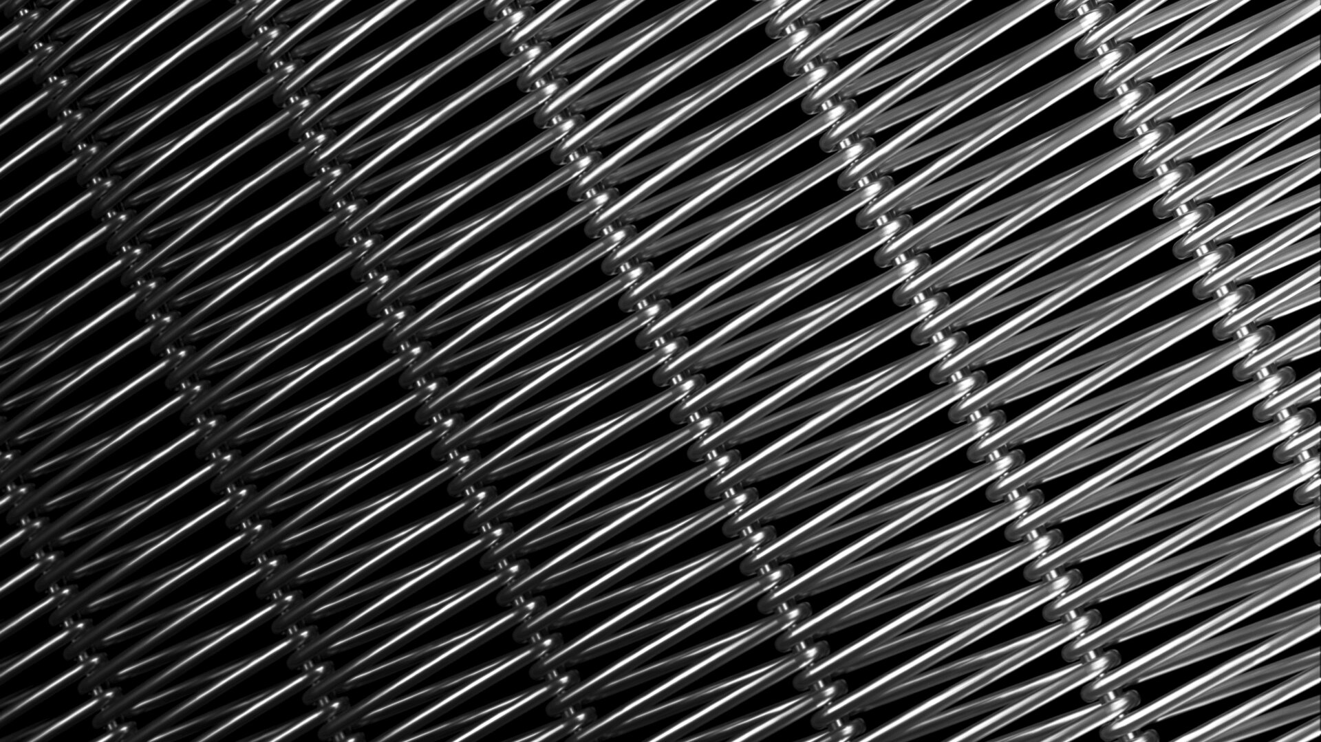 Nahaufnahme von eng verflochtenen, diagonalen Metalldrähten, die ein sich wiederholendes, geometrisches Muster mit glänzender, reflektierender Oberfläche bilden, dargestellt in Schwarz und Weiß.