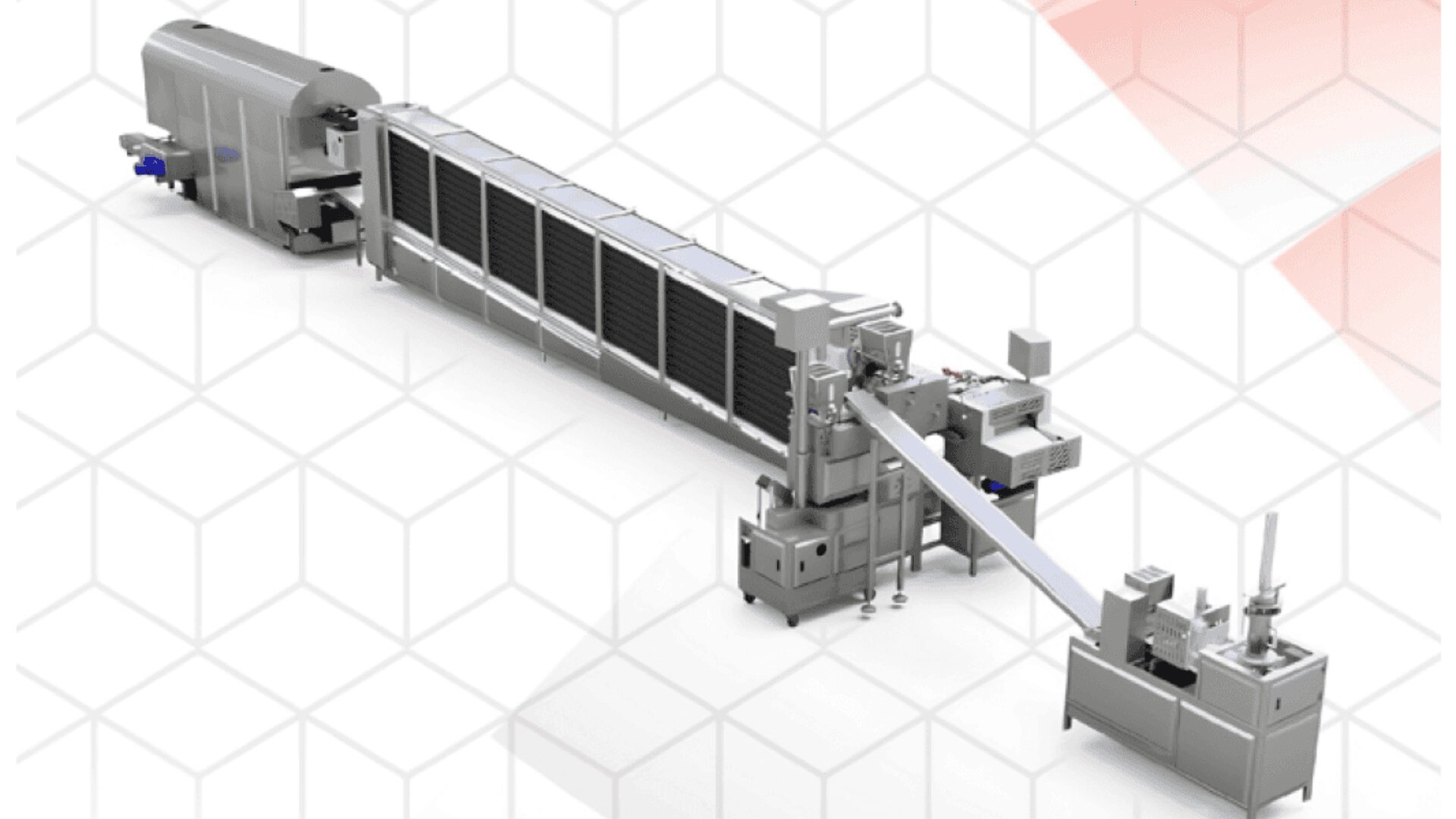 Industrielle Lebensmittelverarbeitungsmaschine mit Förderbändern, Metallkomponenten und angeschlossenen Einheiten vor einem weißen, geometrischen Hintergrund mit schwachen roten Akzenten in der rechten oberen Ecke.