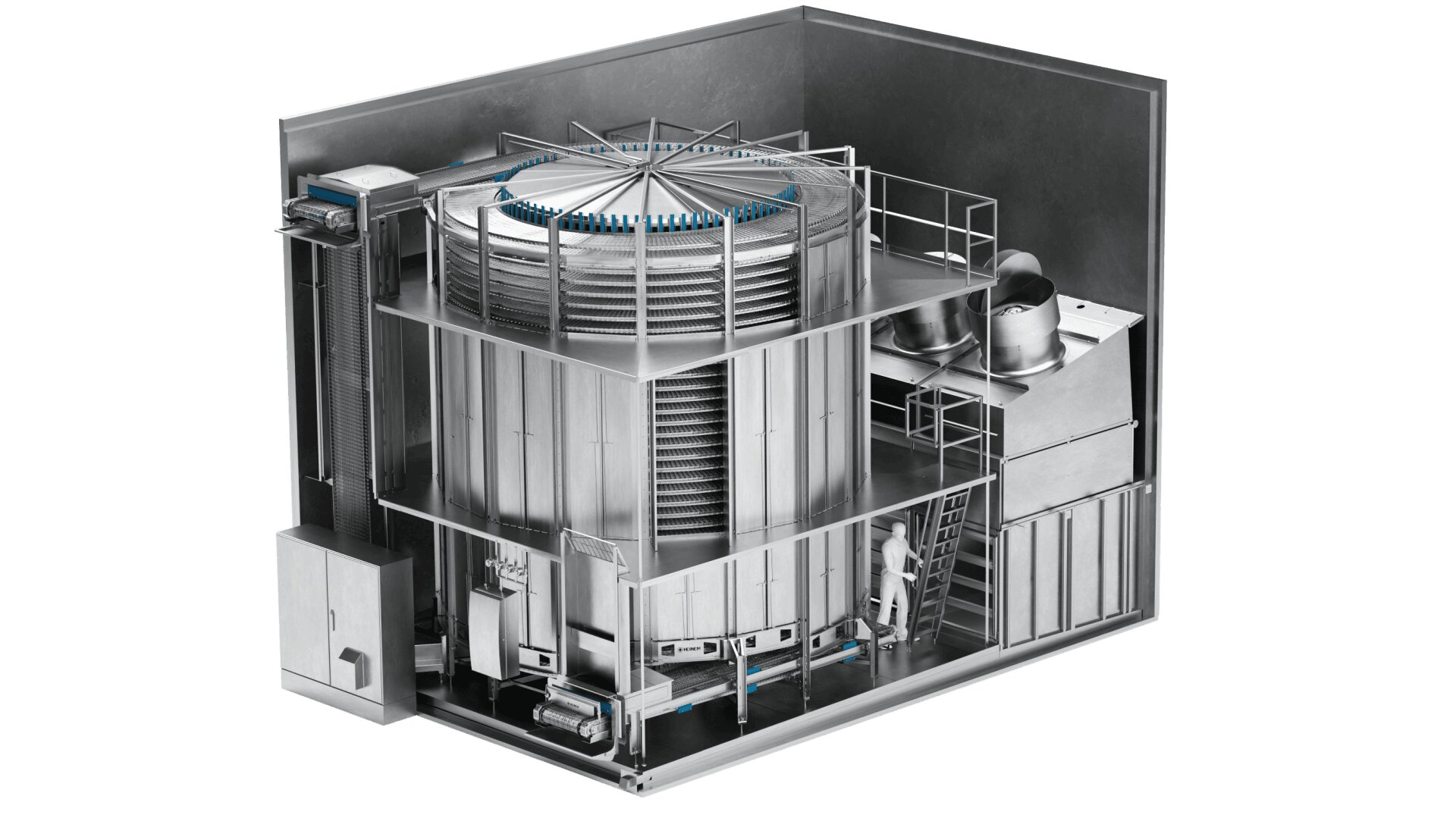 Ein großes, industrielles Spiralgefriersystem aus Edelstahl wird aufgeschnitten gezeigt, um die internen Komponenten, Förderbänder, Spiralgestelle, Ventilatoren, Leitern und Steuerelemente zu zeigen, die für die Verarbeitung und das Einfrieren von Lebensmitteln verwendet werden.