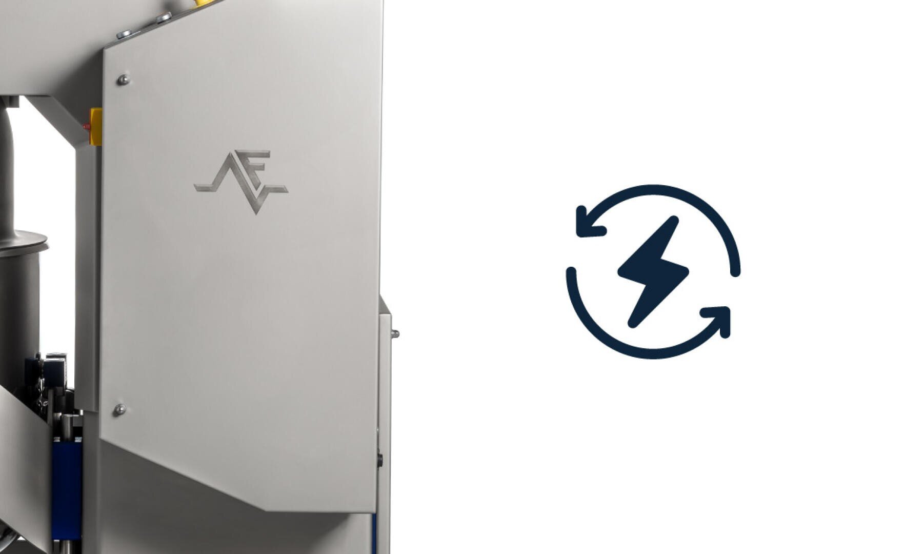 A partial view of a silver industrial machine with a stylized logo on its side is shown next to a black energy efficiency icon with a lightning bolt and circular arrows on a white background.