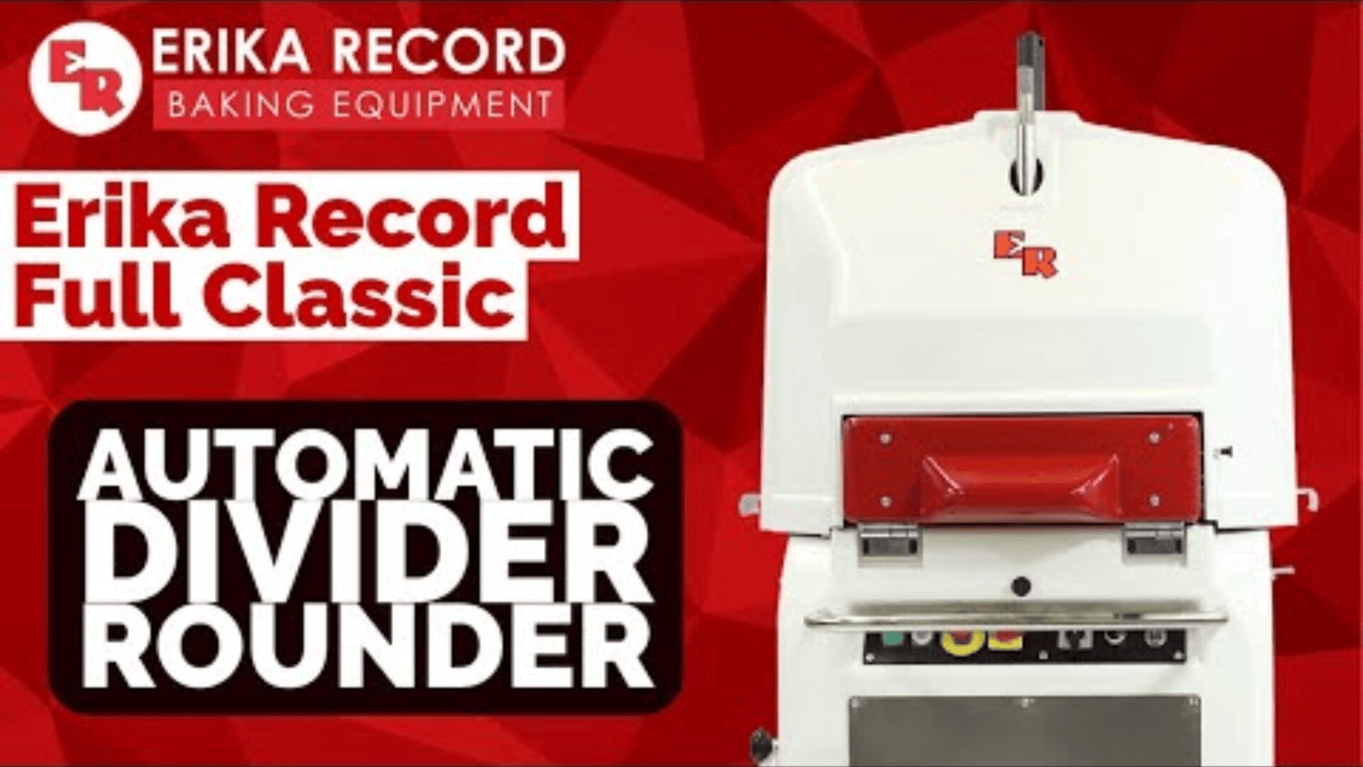 Abgebildet ist eine weiße Erika Record-Backmaschine mit automatischem Teiler und der fettgedruckten Aufschrift "Erika Record Full Classic Automatic Divider Rounder" auf einem roten geometrischen Hintergrund.