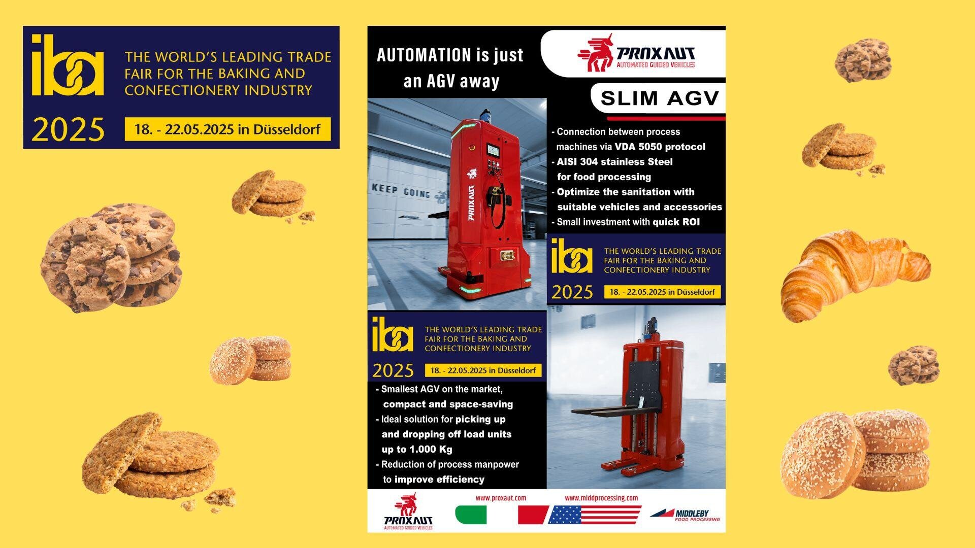 Werbeplakat für die Messe iba 2025 mit Keksen, Brot und Gebäck, Veranstaltungsdetails und einem roten fahrerlosen Transportfahrzeug (AGV) mit Produktinformationen zur industriellen Bäckereiautomatisierung.