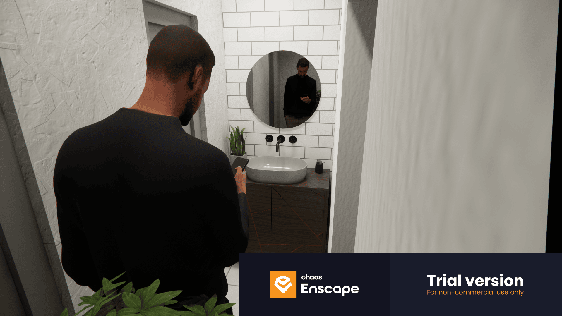 A man stands in a modern bathroom looking at his phone, reflected in a round mirror above a white sink. The Enscape trial version watermark is visible in the corner.