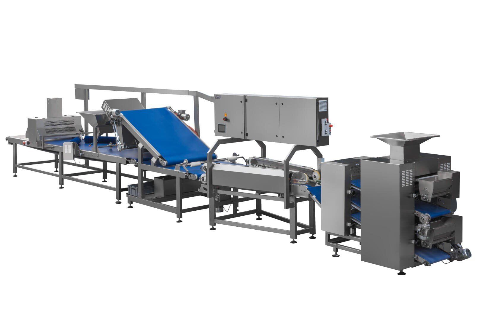Eine große, industrielle Lebensmittelverarbeitungsmaschine mit Metallrahmen, blauen Förderbändern, Bedienfeldern und verschiedenen mechanischen Komponenten, die für die automatisierte Lebensmittelproduktion in einer Fabrik konzipiert ist.