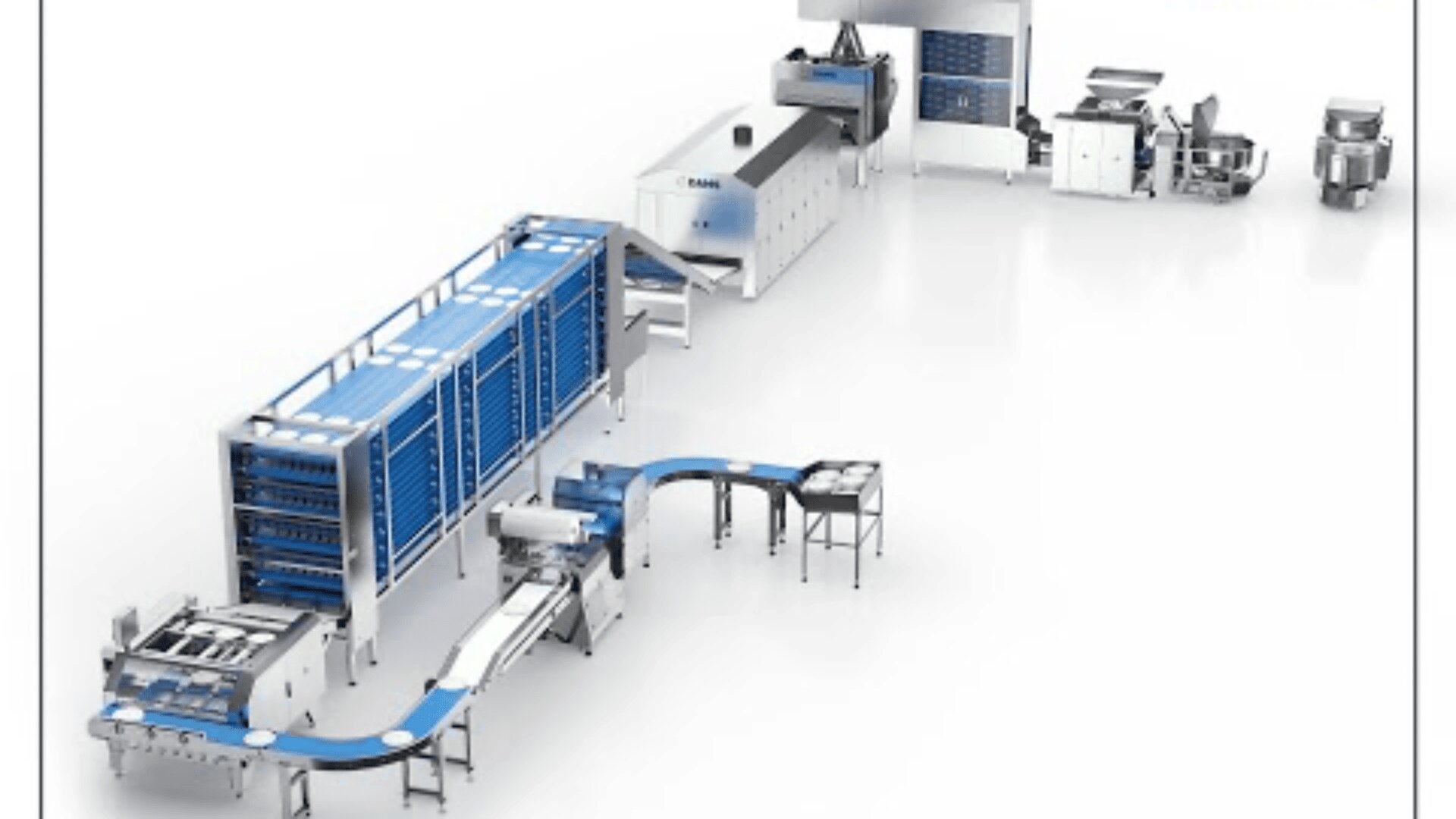 Eine moderne automatisierte Produktionslinie zur Lebensmittelverarbeitung mit Förderbändern, Öfen, Lagereinheiten und Maschinen, die alle in einer linearen Anordnung auf weißem Hintergrund verbunden sind.
