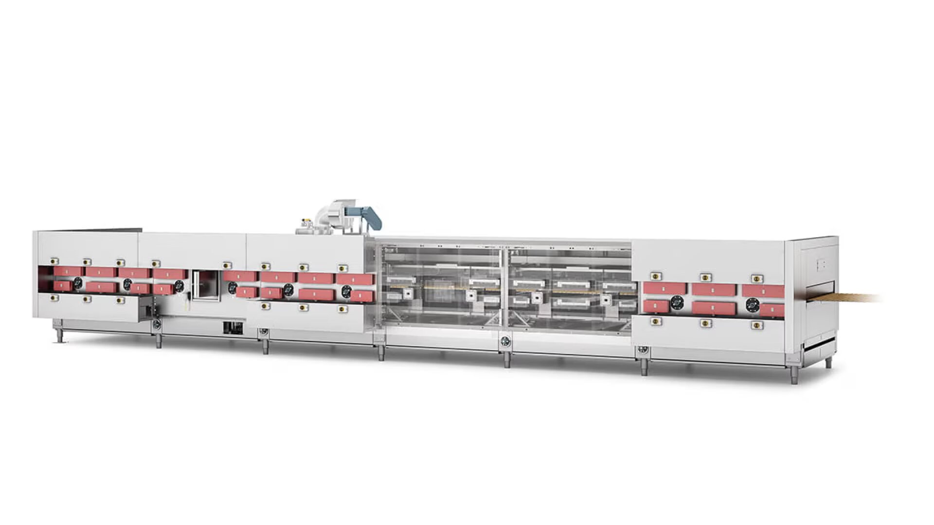A large industrial food processing machine with a stainless steel housing, multiple compartments, a transparent center section, and control knobs, designed for automated baking or cooking processes.