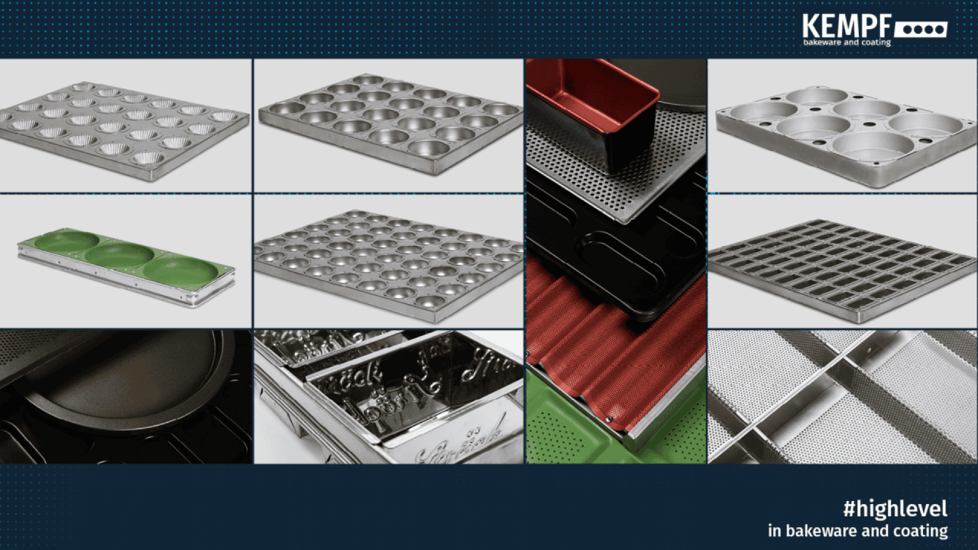 A grid of industrial baking and coating trays in various shapes, materials, and finishes, showcasing products from KEMPF. The image features close-ups and angled views highlighting the trays’ textures and designs.