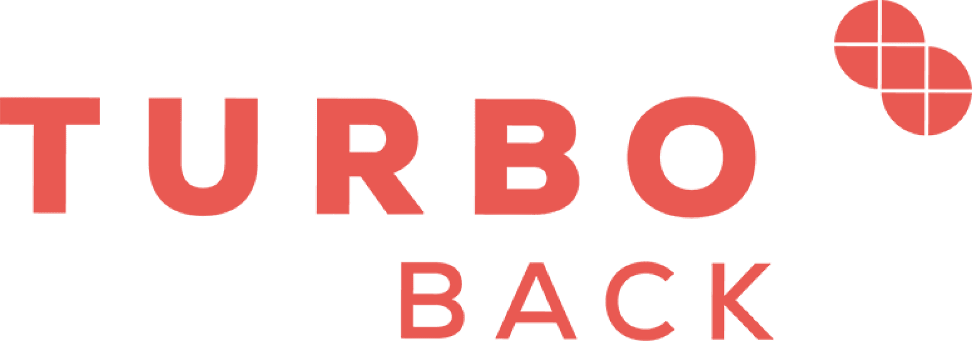 Roter Text mit der Aufschrift TURBO BACK auf transparentem Hintergrund, mit einem geometrischen Logo aus vier roten Kreisen, die ein quadratisches Muster bilden, rechts oben neben dem Wort TURBO.