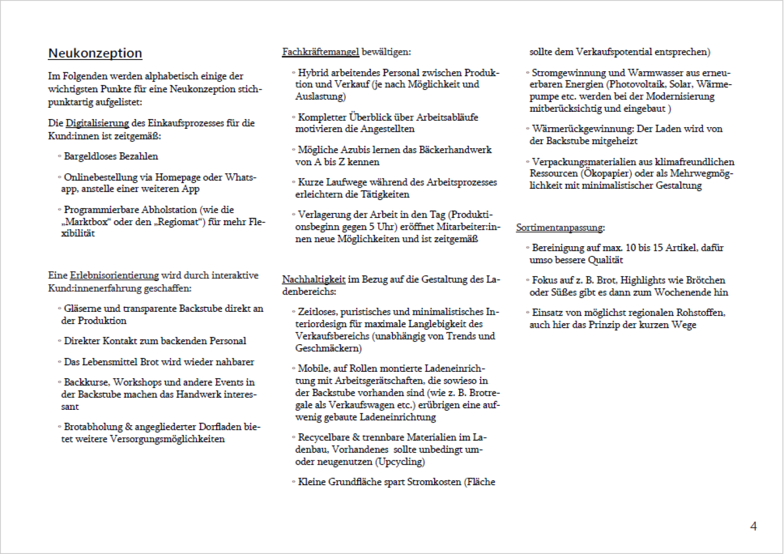 Screenshot eines deutschen Dokuments mit dem Titel „Neukonzeption“. Es enthält zwei Spalten mit Aufzählungstext, in denen verschiedene Aspekte eines Geschäftskonzepts wie Kundenservice, Nachhaltigkeit und Energieeffizienz erörtert werden. Seite 4 befindet sich in der unteren rechten Ecke.