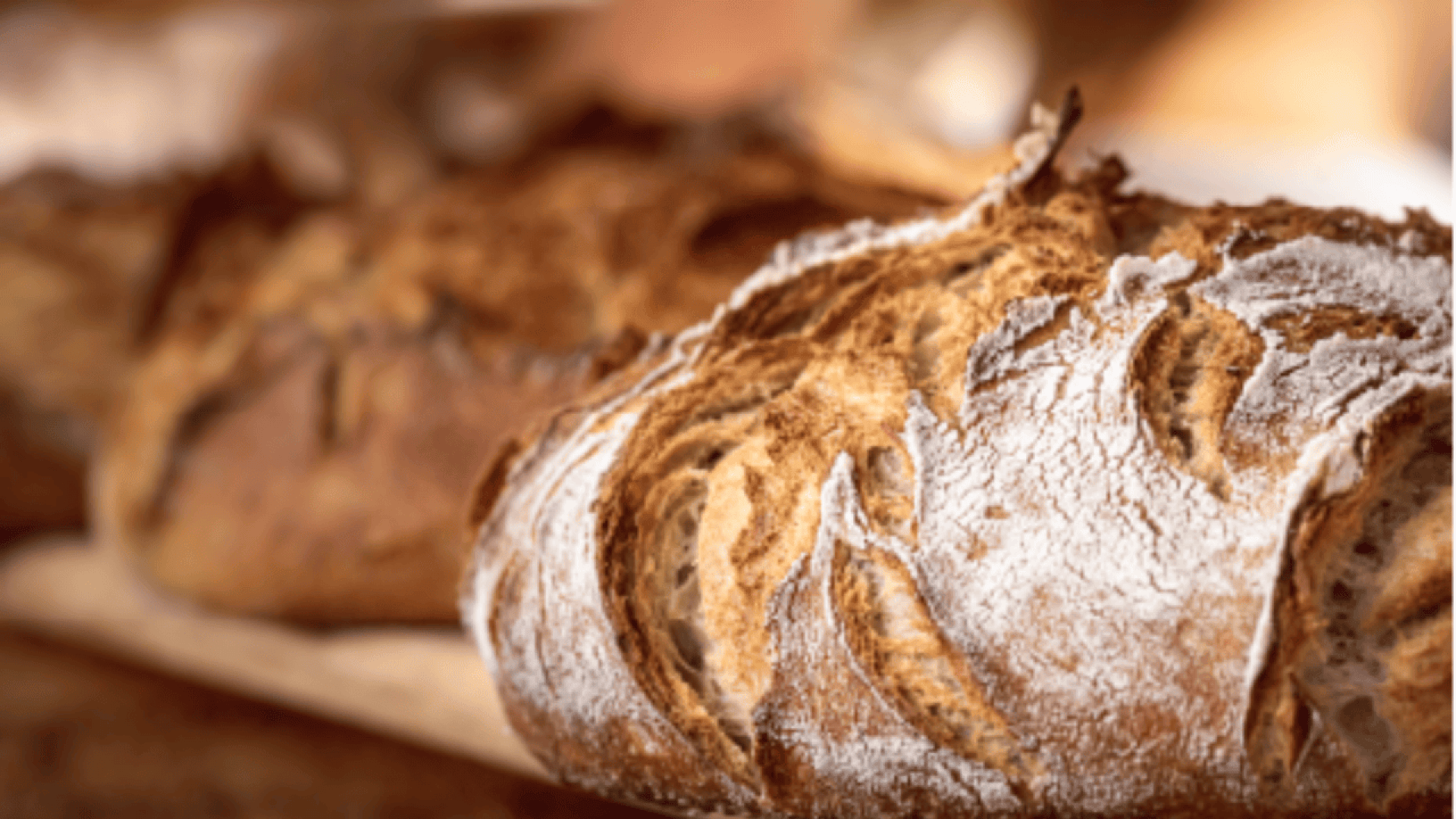 Eine Nahaufnahme von knusprigem, handwerklich hergestelltem Brot mit einer goldbraunen, strukturierten Kruste und einem Hauch von Mehl auf der Oberfläche. Der Hintergrund ist leicht unscharf, um das rustikale Aussehen des Brotes zu unterstreichen.