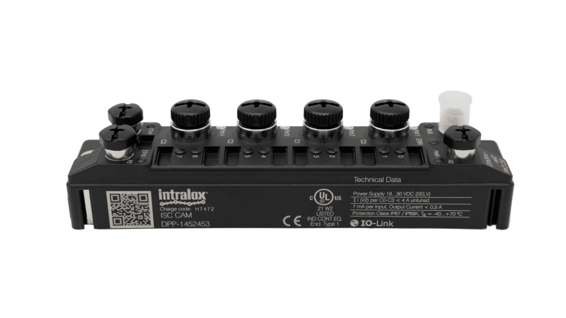Ein schwarzes Intralox-Industriegerätemodul mit fünf Drehknöpfen, beschrifteten Anschlüssen und technischen Daten auf der Vorderseite. Es verfügt über Zertifizierungssymbole und einen QR-Code auf der linken Seite.