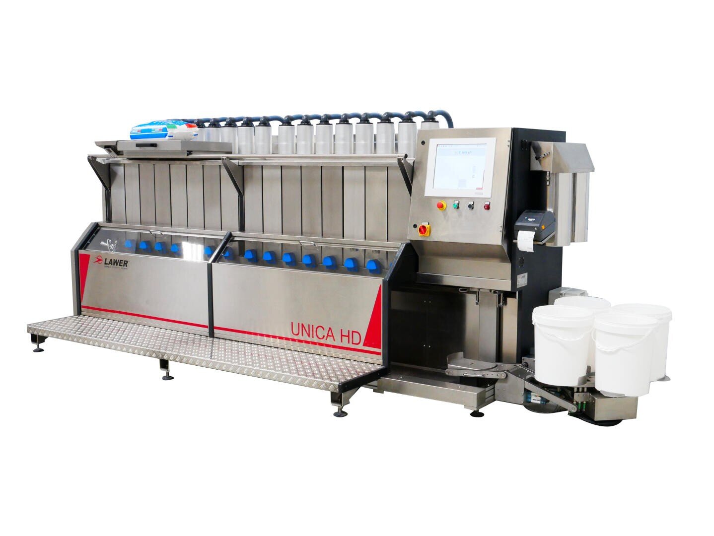 A large industrial machine labeled UNICA HD with multiple vertical compartments, a touchscreen control panel, buttons, and two white buckets on the right side. The machine is metallic with red and black accents.