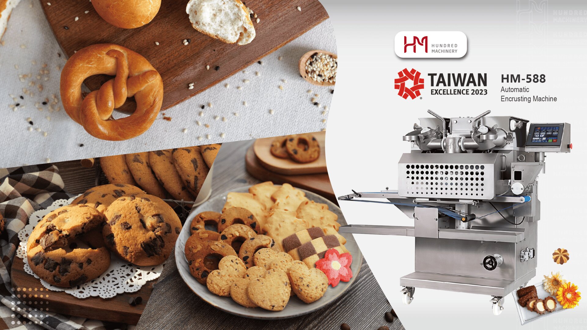 Rechts ist eine automatische Überkrustungsmaschine (HM-588) zu sehen, links sind Kekse, Plätzchen und Brezeln auf Holzbrettern zu sehen. Die Logos von Taiwan Excellence 2023 und Hundred Machinery sind sichtbar.