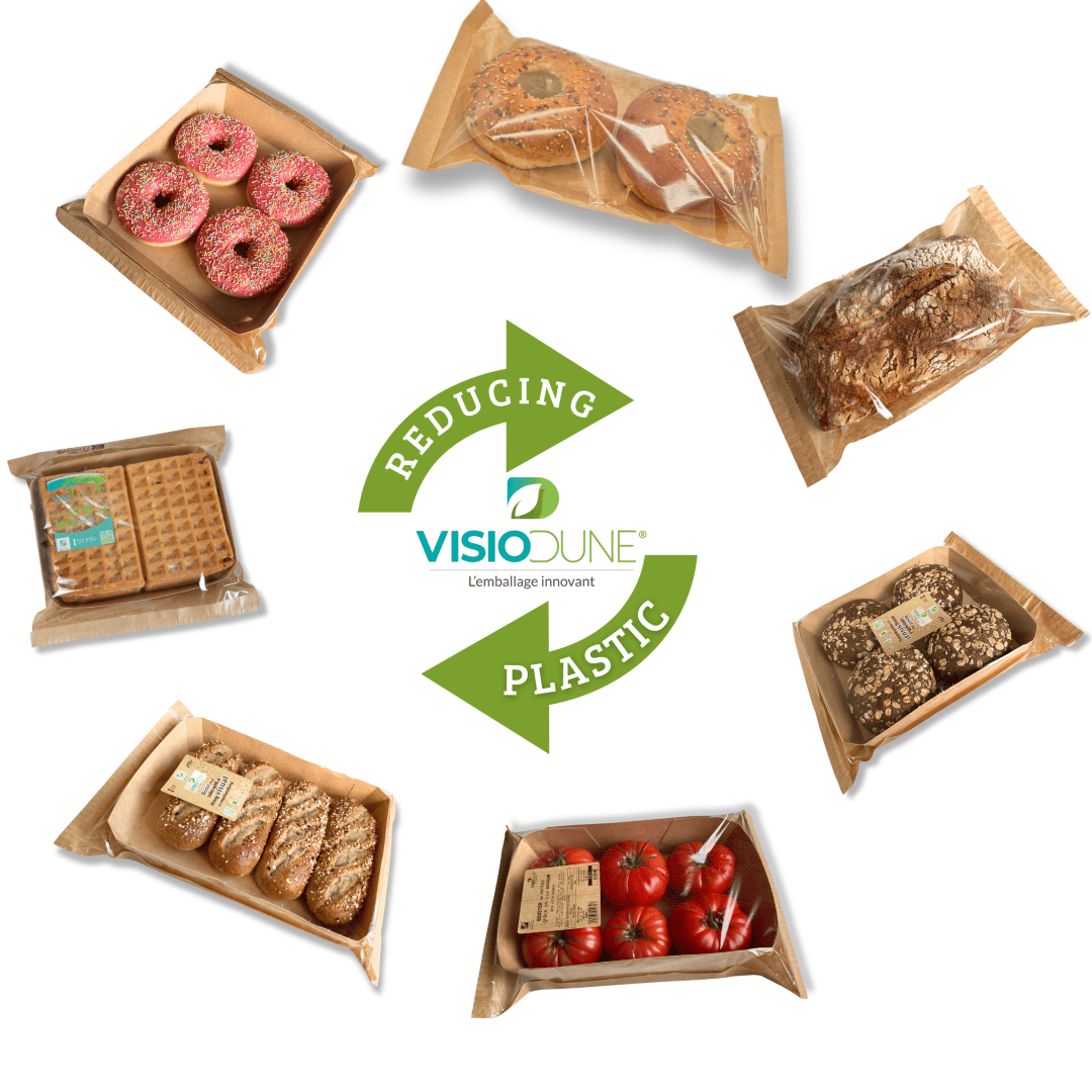 Assorted baked goods and tomatoes in cardboard and plastic packaging arranged in a circle around a green Reducing Plastic logo with the Visiodune brand in the center.
