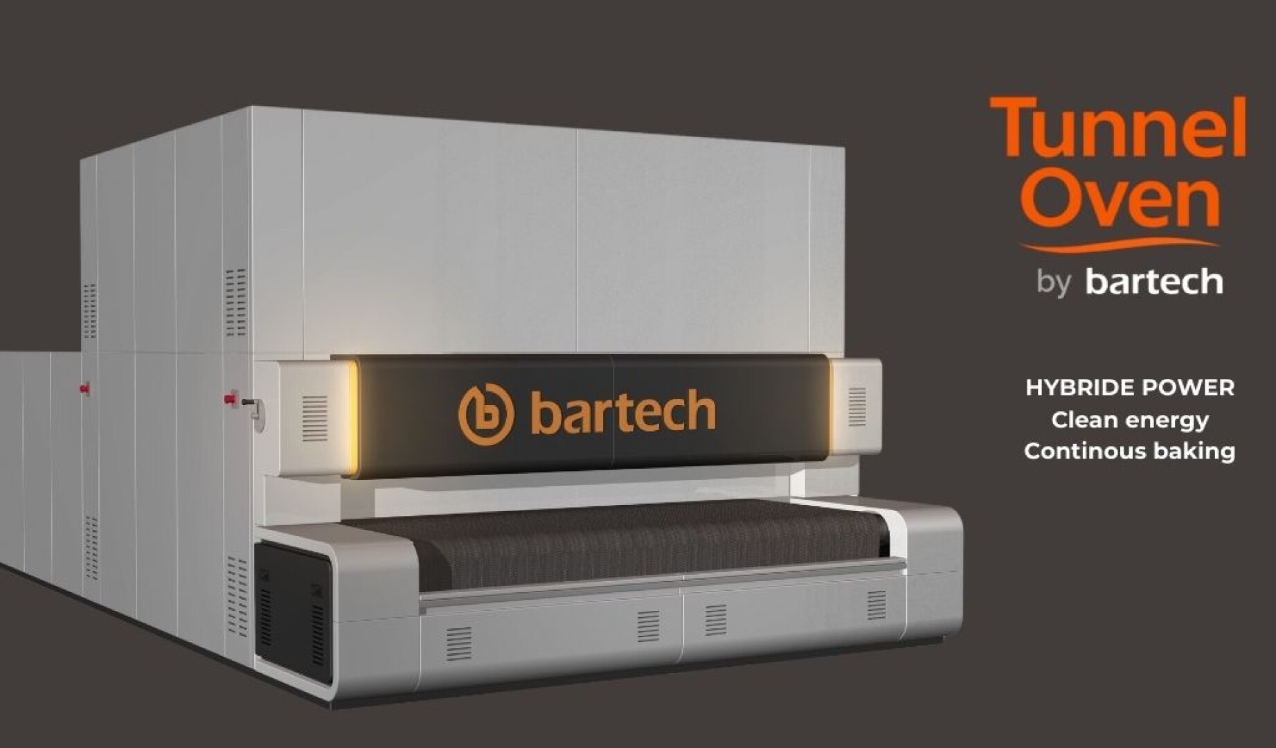 Auf dunklem Hintergrund ist ein großer industrieller Tunnelofen mit Bartech-Branding abgebildet. Der orangefarbene Text lautet „Tunnelofen von Bartech“ mit Aufzählungspunkten: HYBRIDE POWER, Saubere Energie, Kontinuierliches Backen.