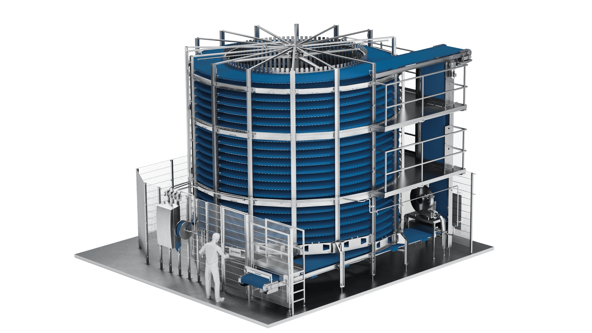 Eine große industrielle Lebensmittelverarbeitungsmaschine mit spiralförmigen blauen Förderbändern, umgeben von Metallrahmen. Eine menschliche Figur steht in der Nähe, um die Größe und Komplexität der Maschine zu verdeutlichen.