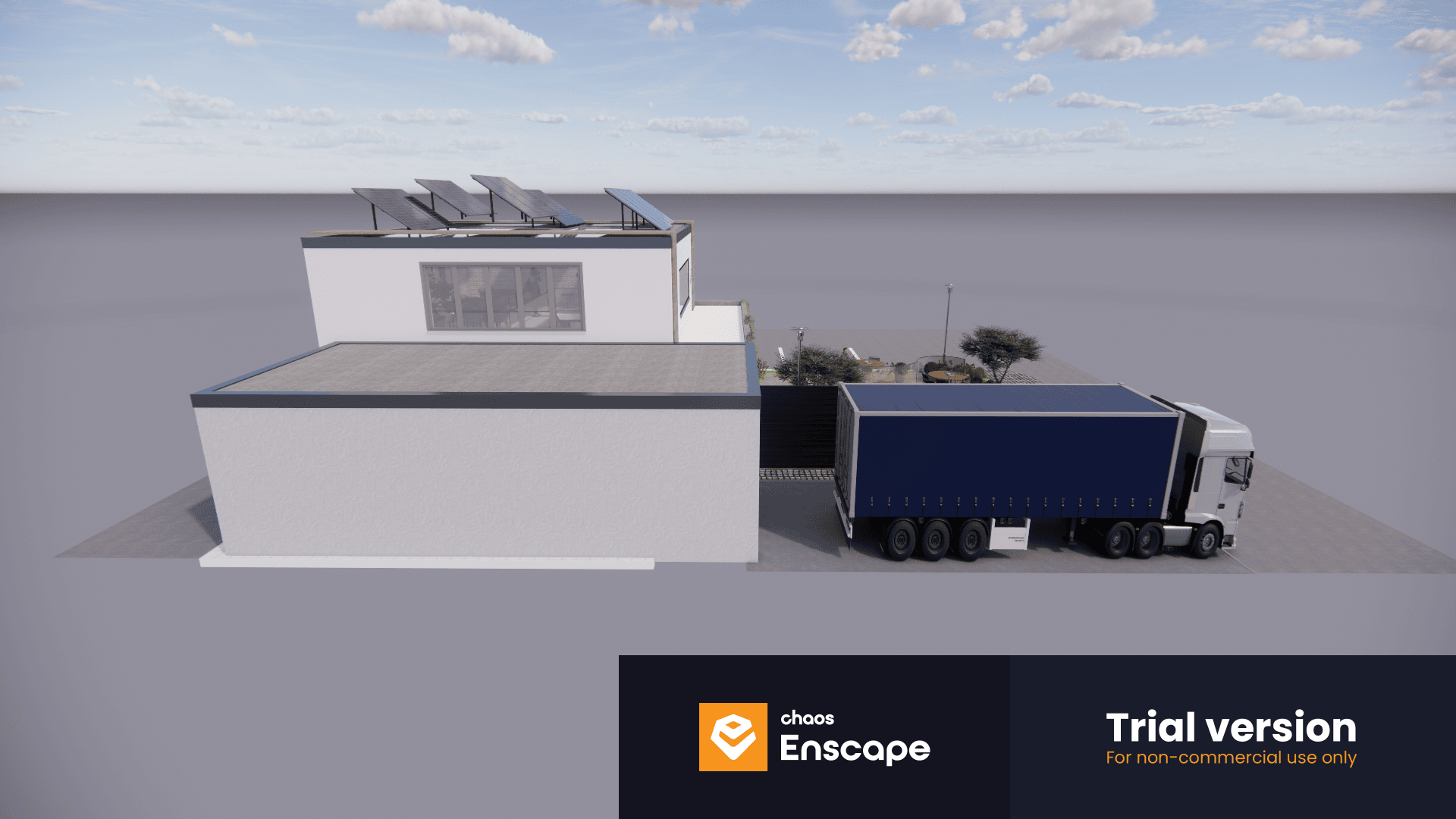 A modern industrial building with solar panels on the roof, a landscaped garden, and a blue semi-truck parked at a loading dock. The image includes an Enscape trial version watermark at the bottom.