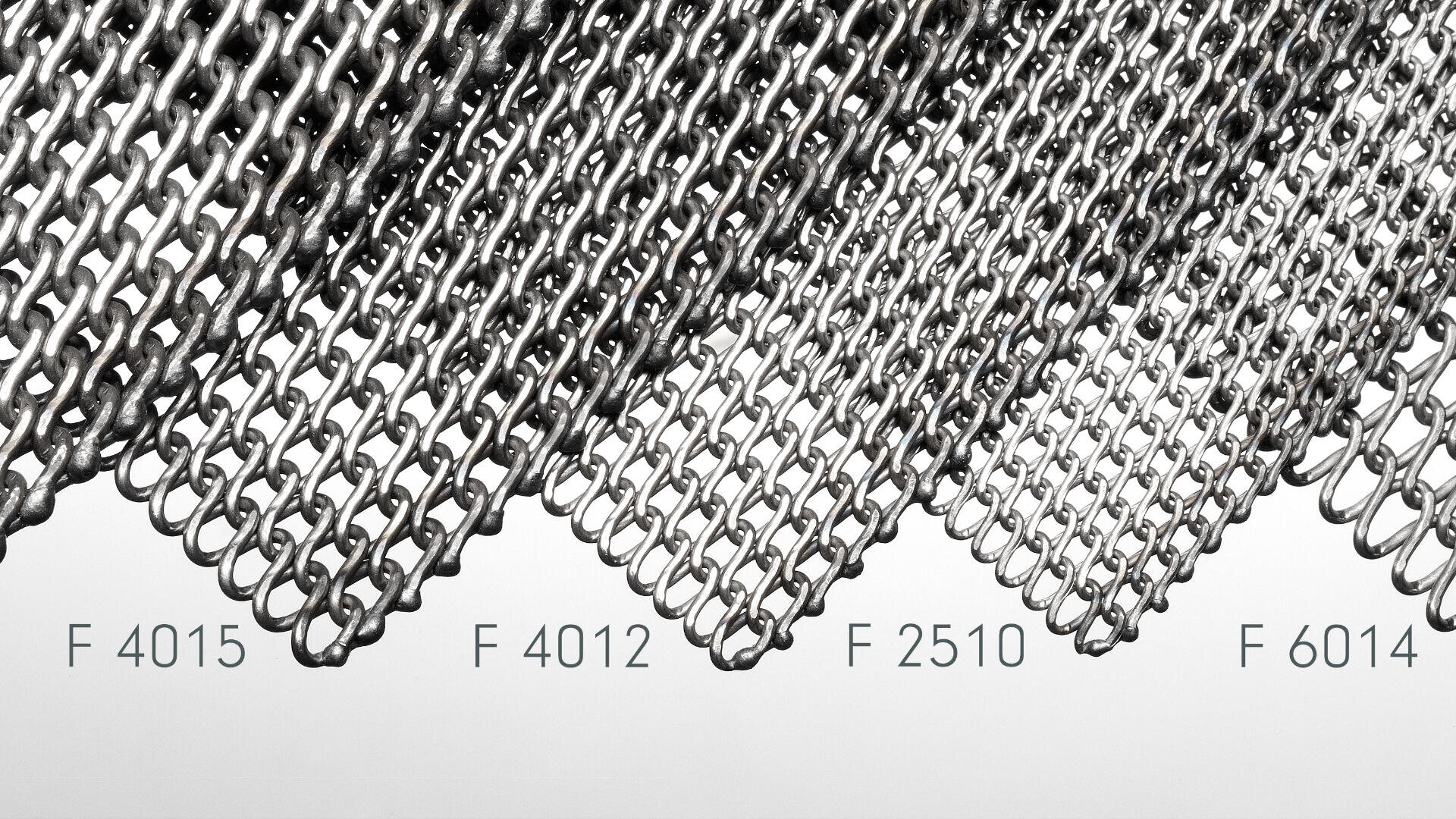 Diagonal angeordnete Reihen von Metallkettengliedern, mit Etiketten unter jedem Abschnitt: F 4015, F 4012, F 2510 und F 6014, die verschiedene Arten oder Stile von Kettenmustern darstellen.