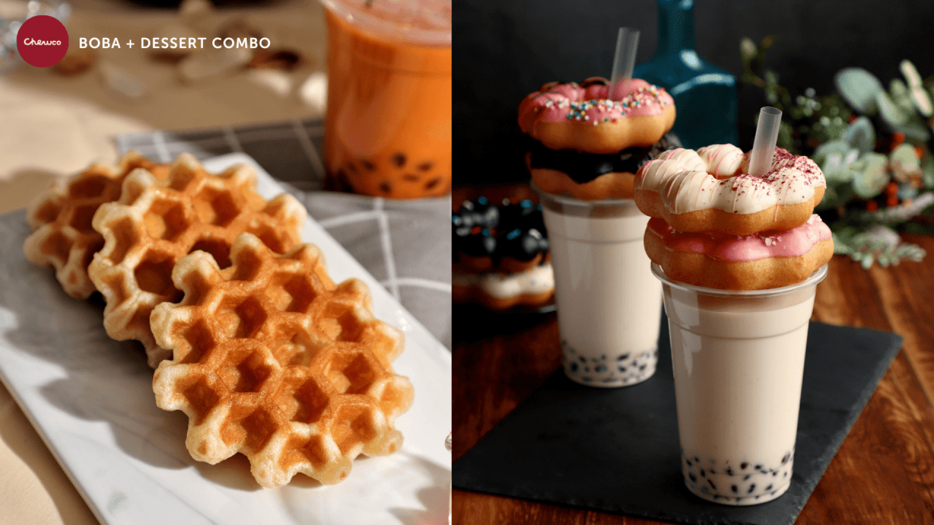 Ein zweigeteiltes Bild: links goldene Waffeln auf einem Marmortablett neben einer Tasse Bubble Tea; rechts Bubble Tea mit zwei bunten Donuts und Blumendekor im Hintergrund.