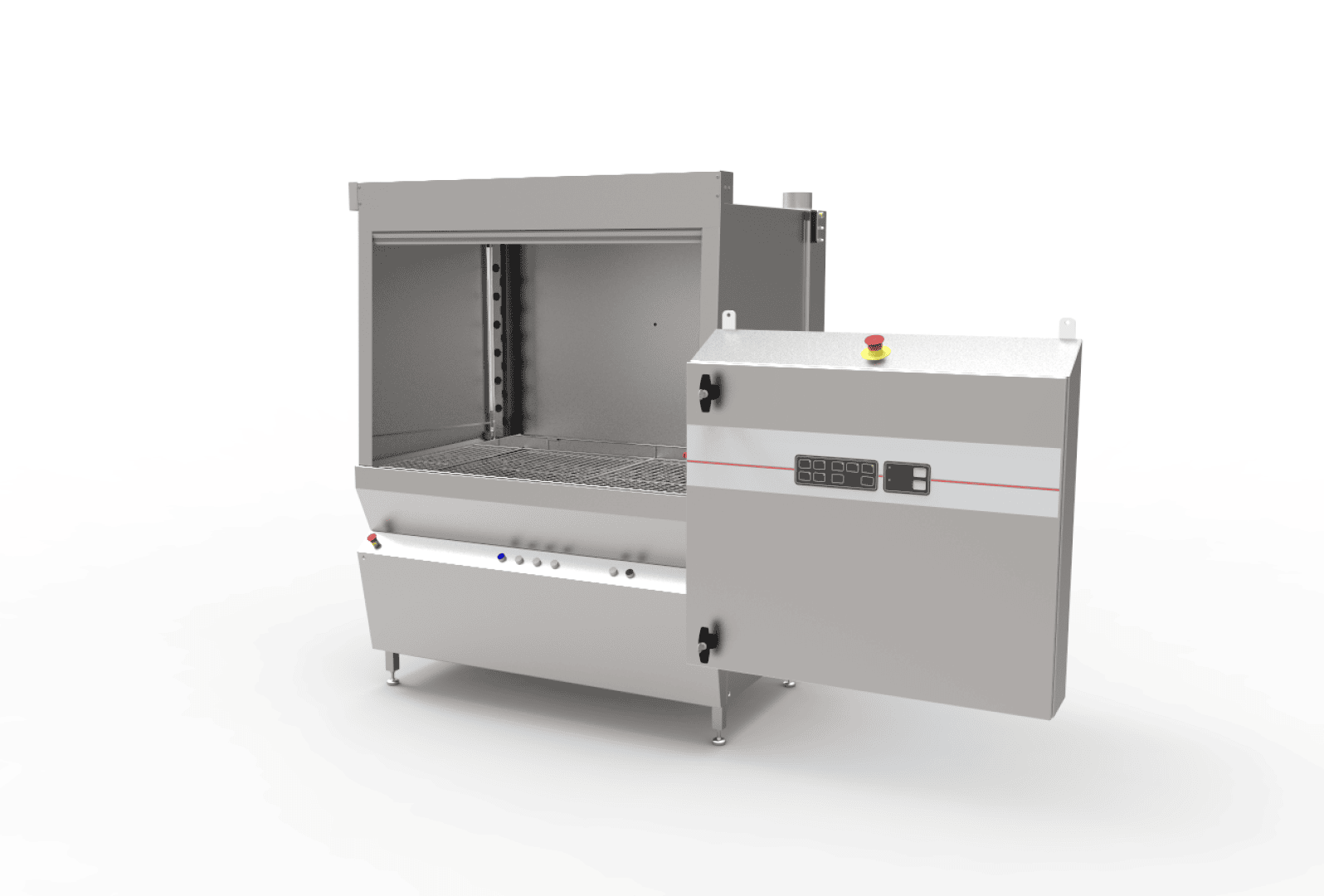 Eine große Industriemaschine aus rostfreiem Stahl mit einer gerasterten Plattform, einem Bedienfeld und einer offenen Vordertür vor einem schlichten weißen Hintergrund. Das Bedienfeld ist mit Tasten und einer Digitalanzeige ausgestattet.