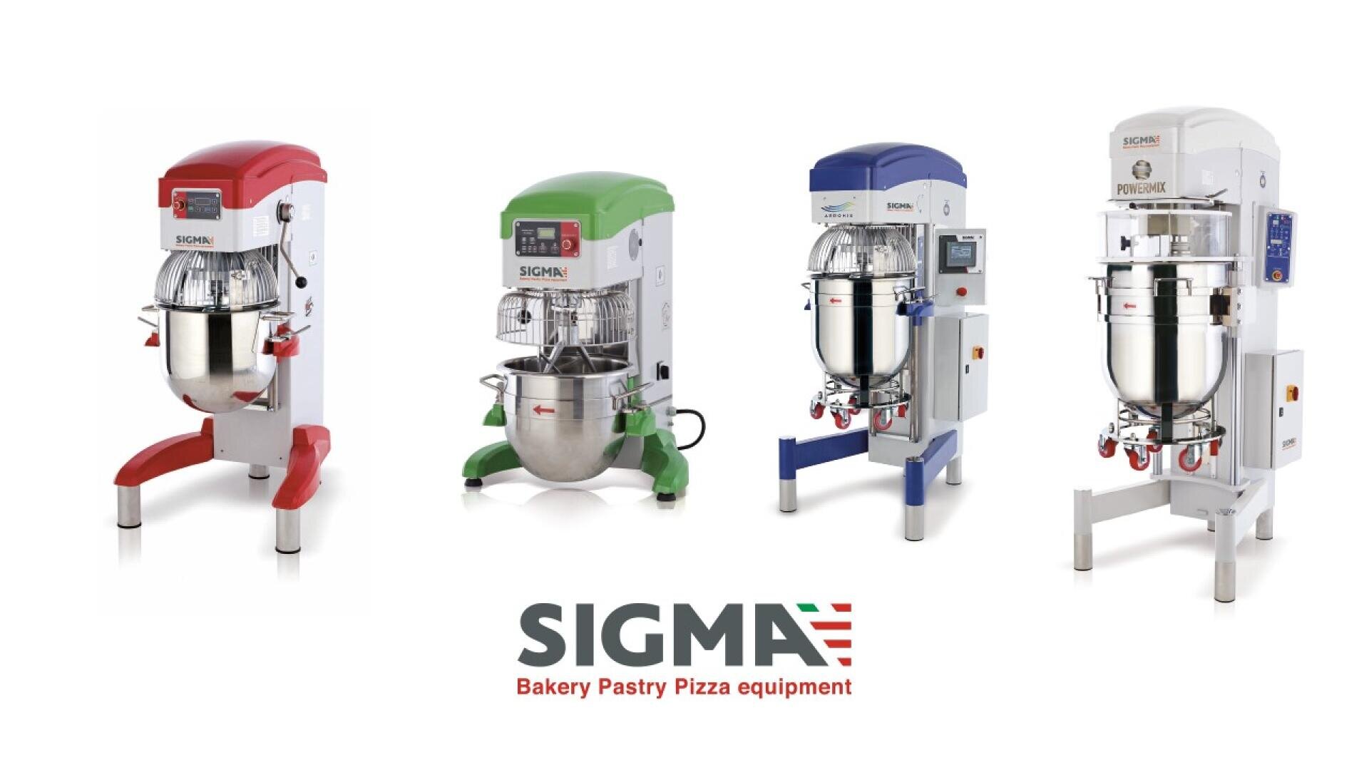 Four industrial bakery mixers in different colors and designs are displayed side by side above the SIGMA logo, which reads Bakery Pastry Pizza equipment in red text.
