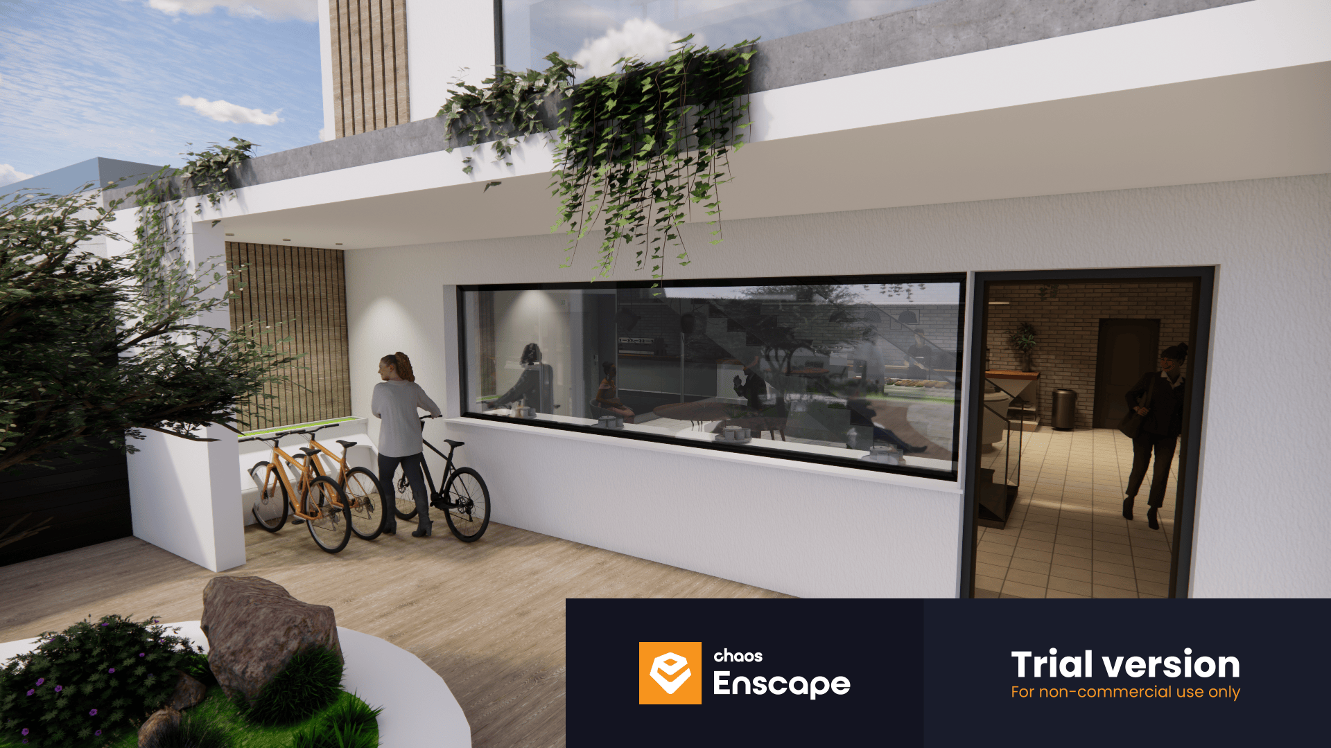A modern house exterior with a white facade, large window, and vertical greenery. Three bicycles are parked outside. People are visible inside through the window and open doorway. Enscape Trial version watermark is present.