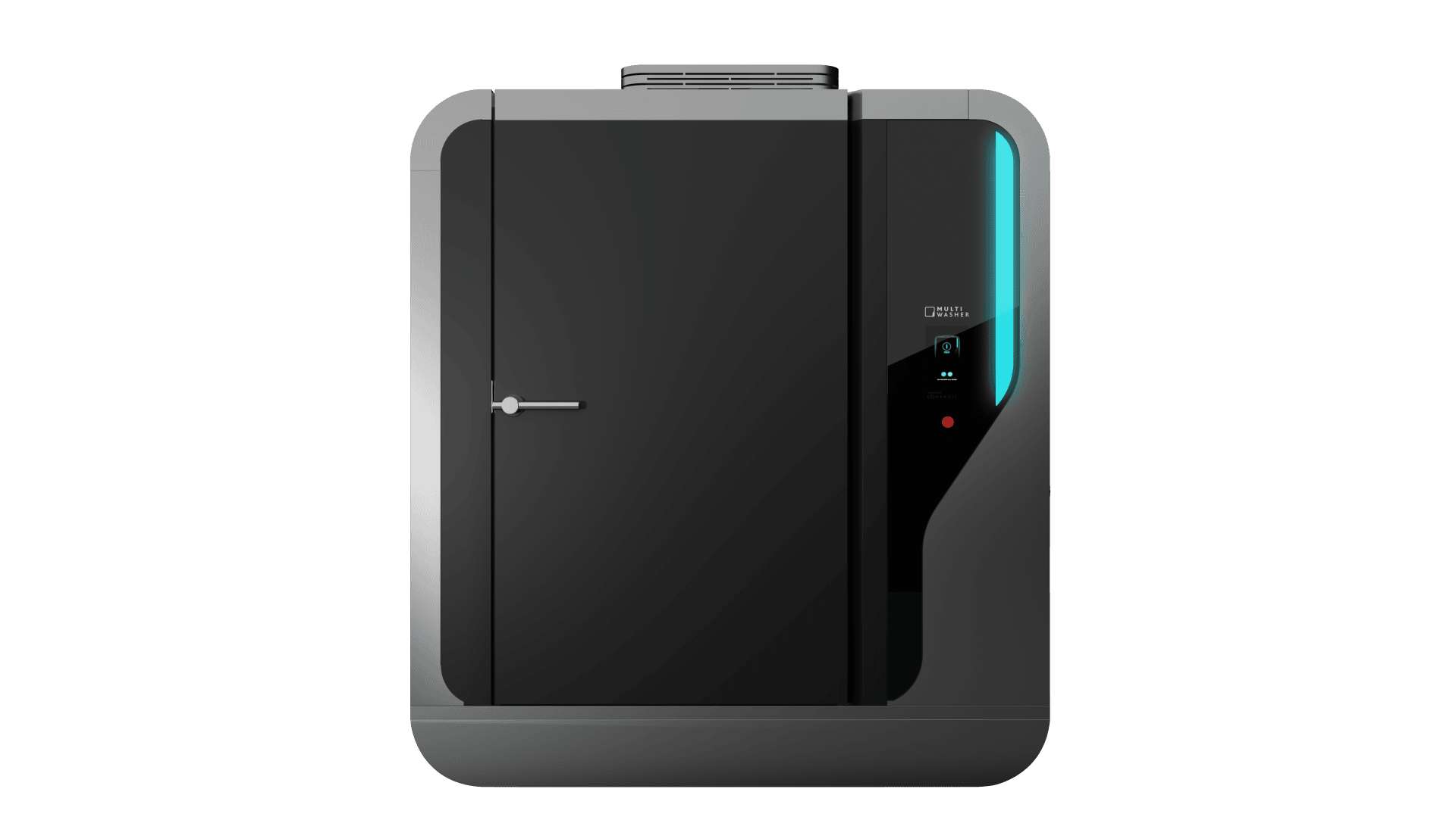 A sleek, modern black and gray rectangular machine with a large door, a vertical blue light strip, and a small digital display and red button on the front panel, set against a plain white background.