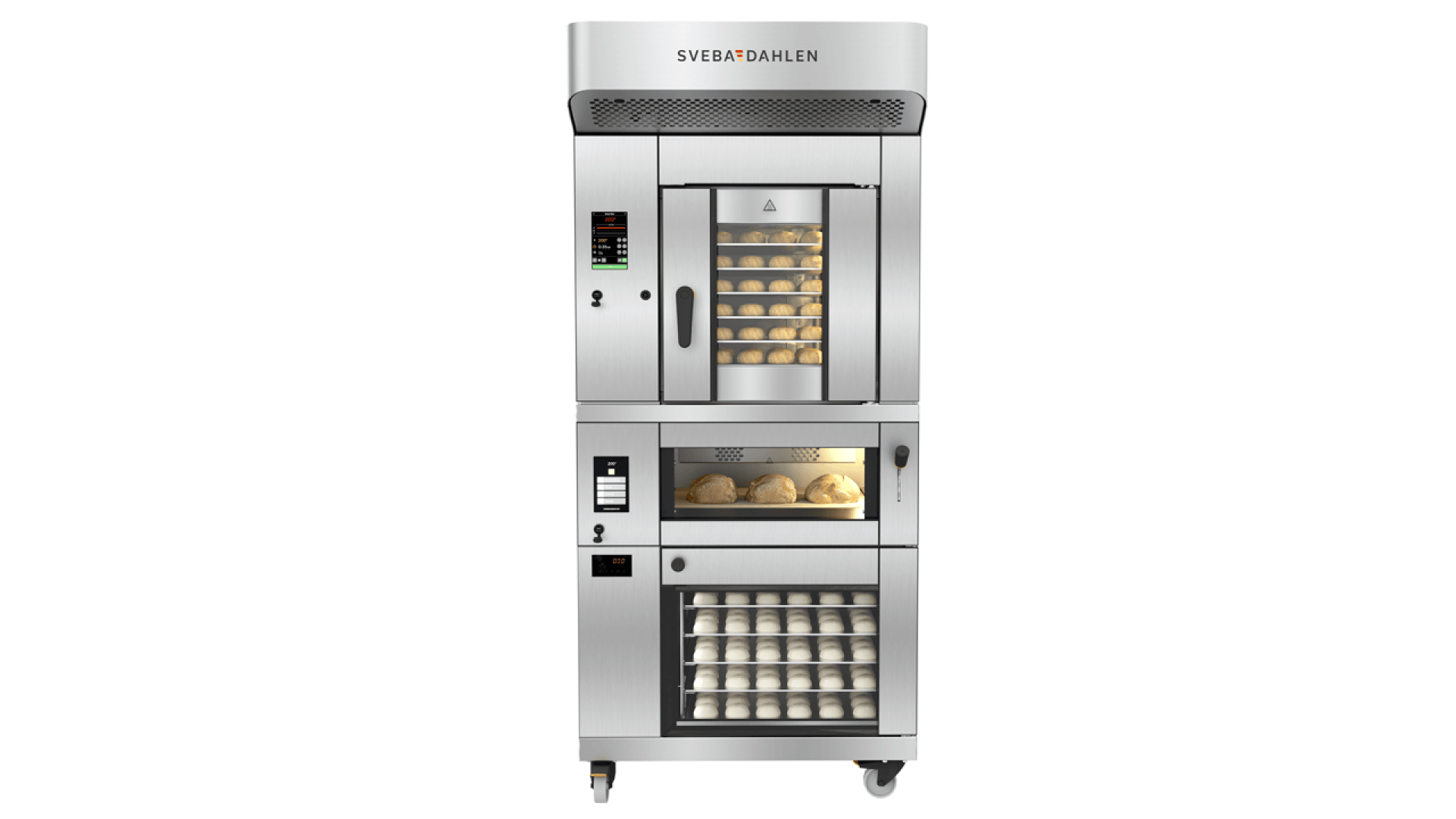 A commercial stainless steel Sveba-Dahlen baking oven with digital controls, visible trays of bread rolls inside, and multiple compartments for baking and storage, on wheels.