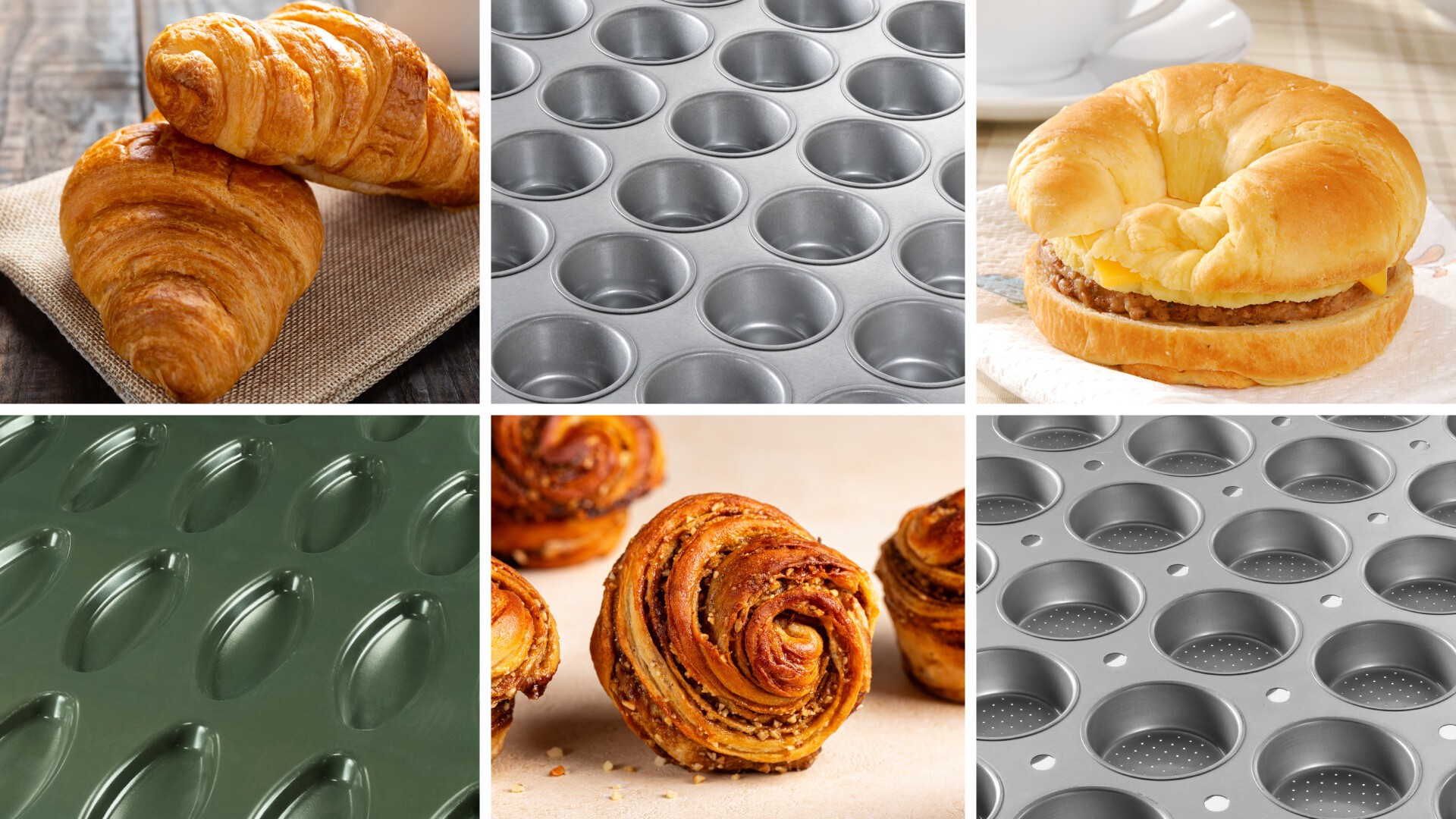 Eine Collage mit Croissants, einem Croissant-Frühstückssandwich und gewirbeltem Gebäck, neben verschiedenen leeren Metallbackblechen mit unterschiedlichen Formen und Perforationen.