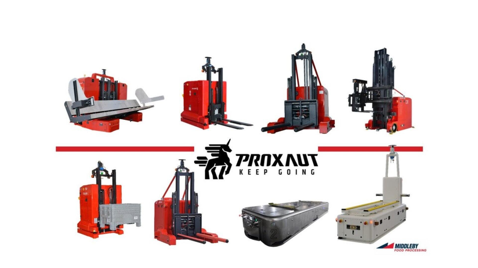 Eine Reihe verschiedener roter und grauer fahrerloser Transportsysteme (AGVs) und Materialtransportmaschinen mit dem PROXAUT-Logo und dem Text KEEP GOING in der Mitte und dem Logo von Nodlley Food Processing in der Ecke.