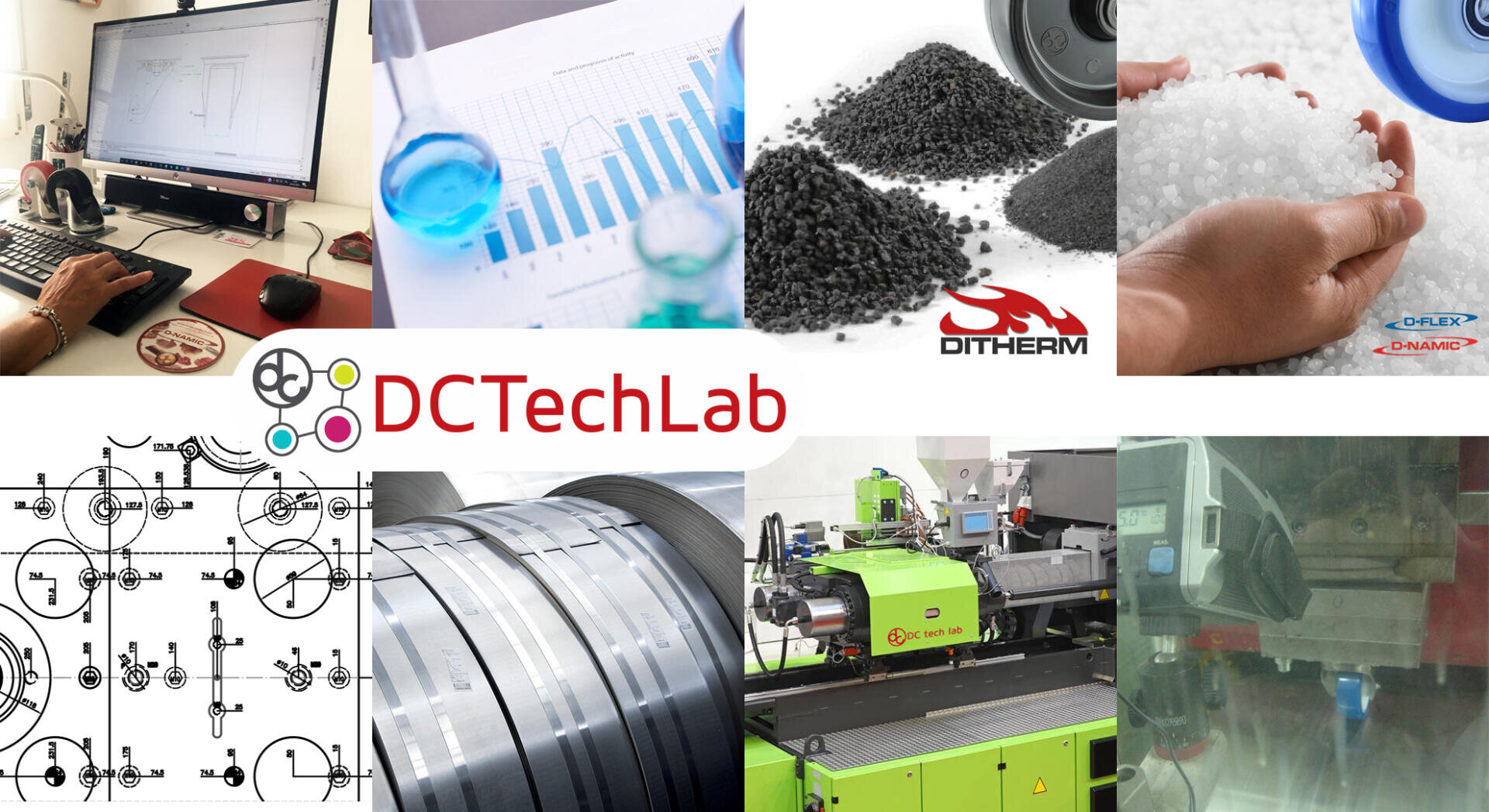 A collage showing scientific research, charts, plastic pellets, technical drawings, metal rolls, machinery, and lab work, with the DCTechLab logo in the center.
