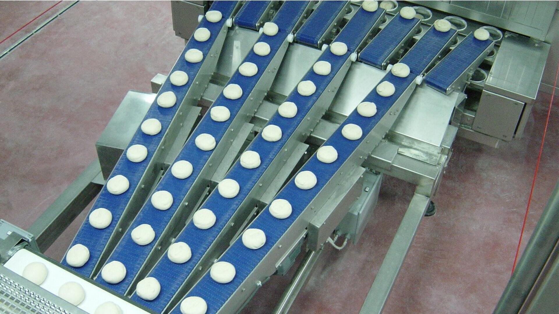Reihen von runden, weißen Teigkugeln bewegen sich auf blauen Förderbändern in einer kommerziellen Lebensmittelverarbeitungsanlage, was auf eine automatisierte Produktion in einer sauberen, industriellen Umgebung hinweist.