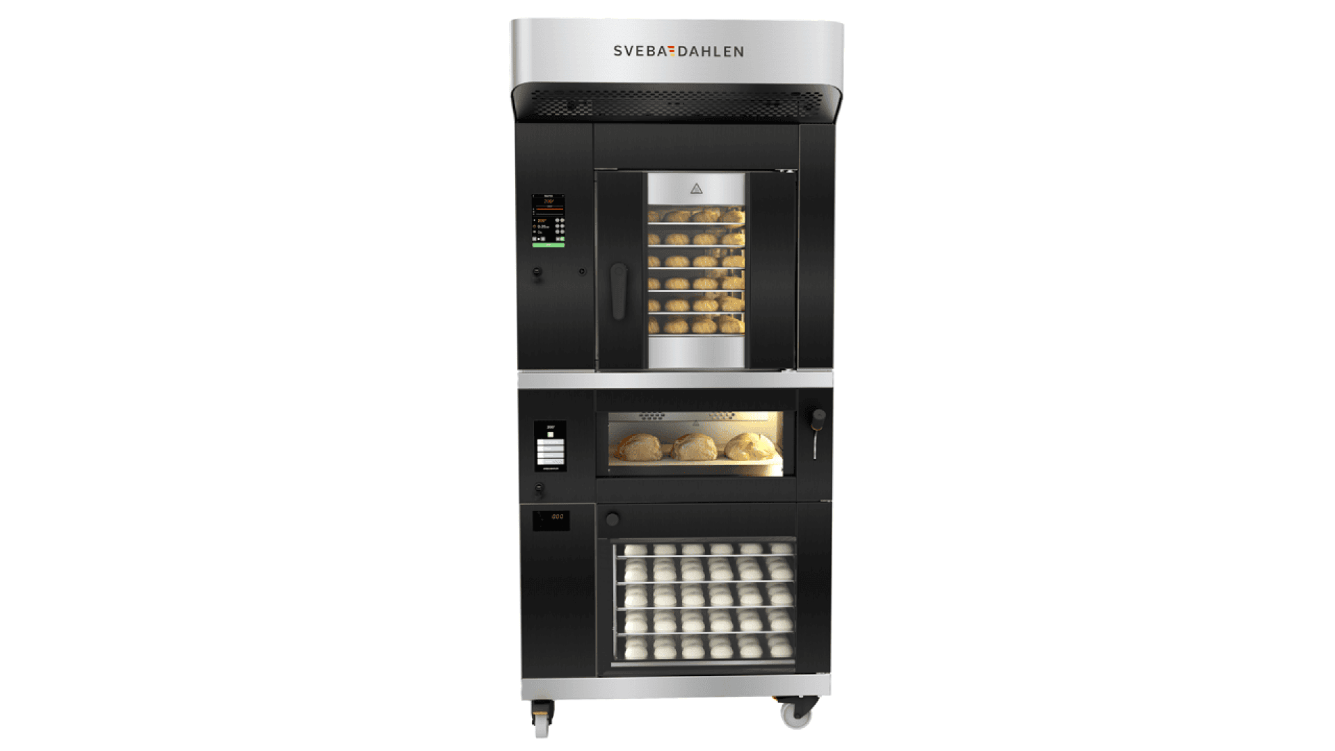 Ein kommerzieller Backofen mit mehreren Fächern, einschließlich eines Bereichs zum Backen von Brötchen, Schalttafeln, einem unteren Bereich zur Aufbewahrung von Tabletts und dem Markennamen Sveba Dahlen auf der Oberseite.