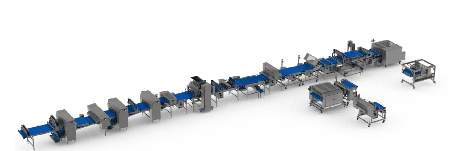 A large, automated production line for food processing with several stainless steel machines connected by blue conveyor belts against a white background.