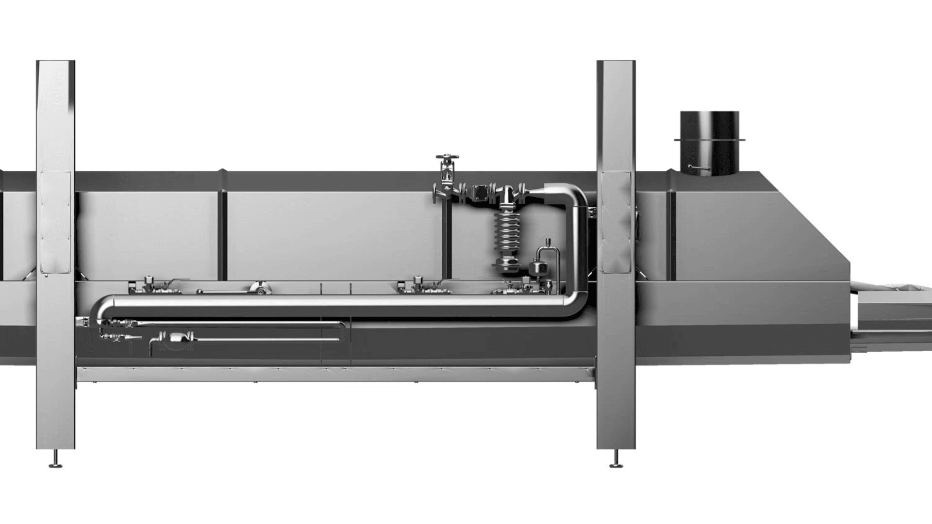 Industrial food processing machine made of stainless steel with pipes and vents, designed for automated production lines, shown against a white background.