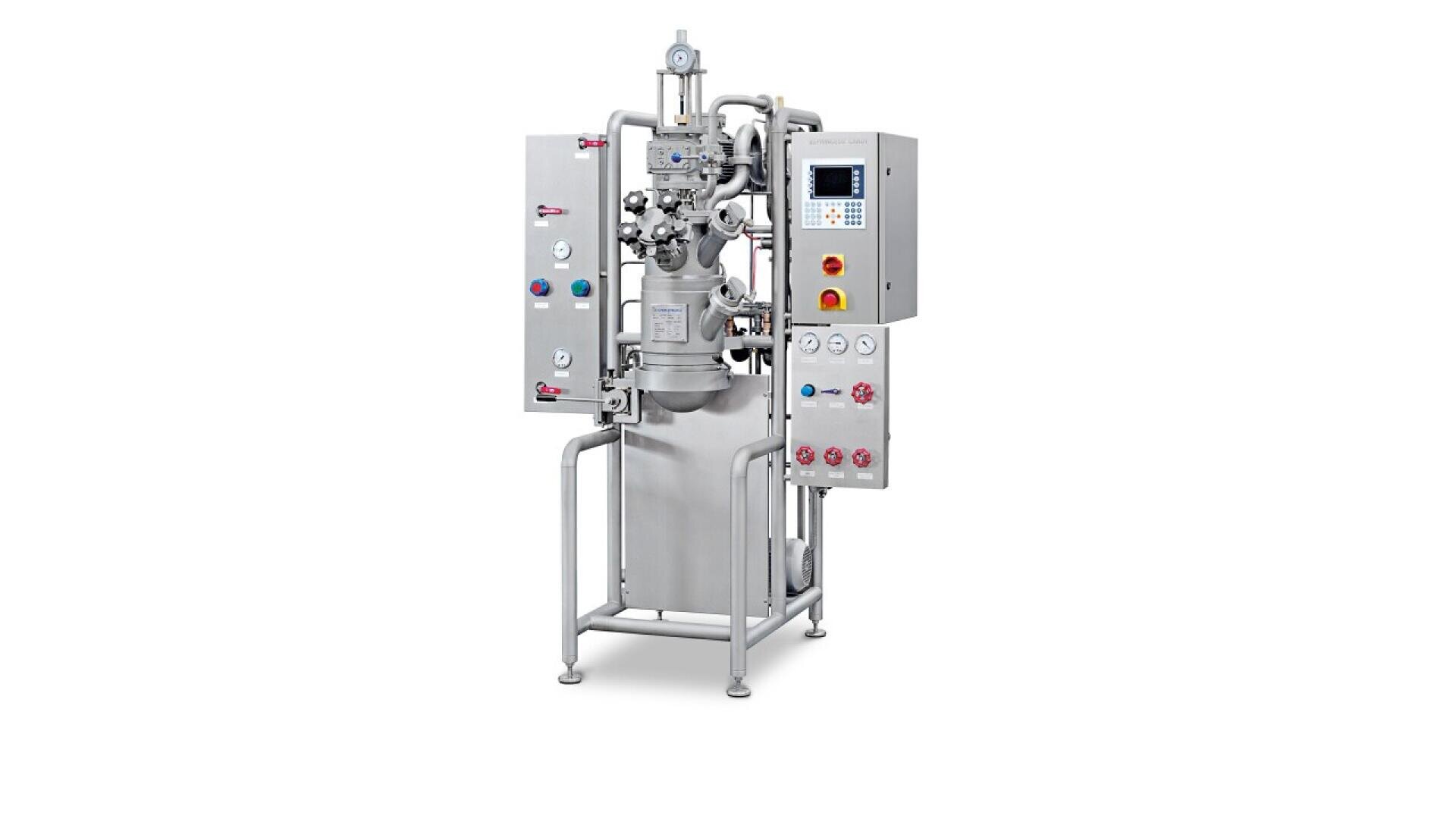 A stainless steel industrial mixing machine with control panels, gauge displays, buttons, and pipes, standing on four legs against a white background.