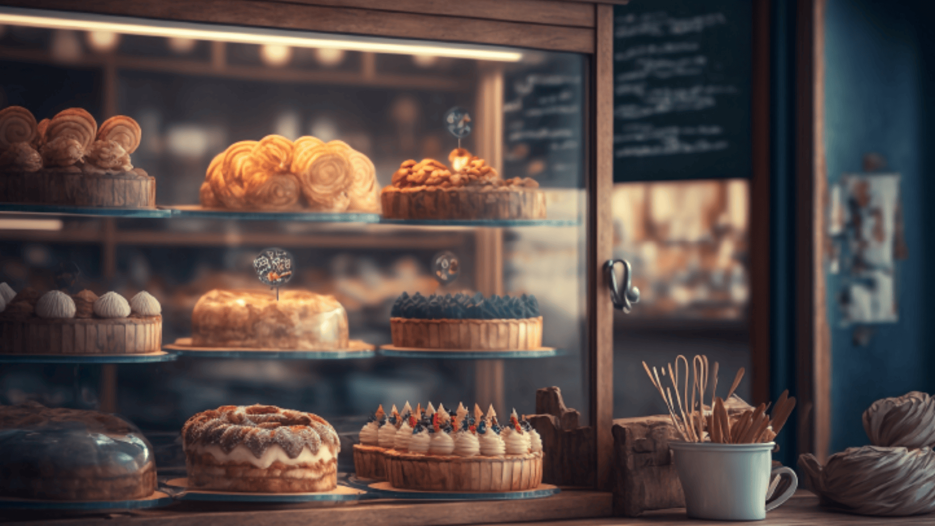 A bakery display case filled with a variety of cakes and pastries, with labels on each dessert. Wooden utensils and a cup are on the counter beside the case, and a chalkboard menu is visible in the background.