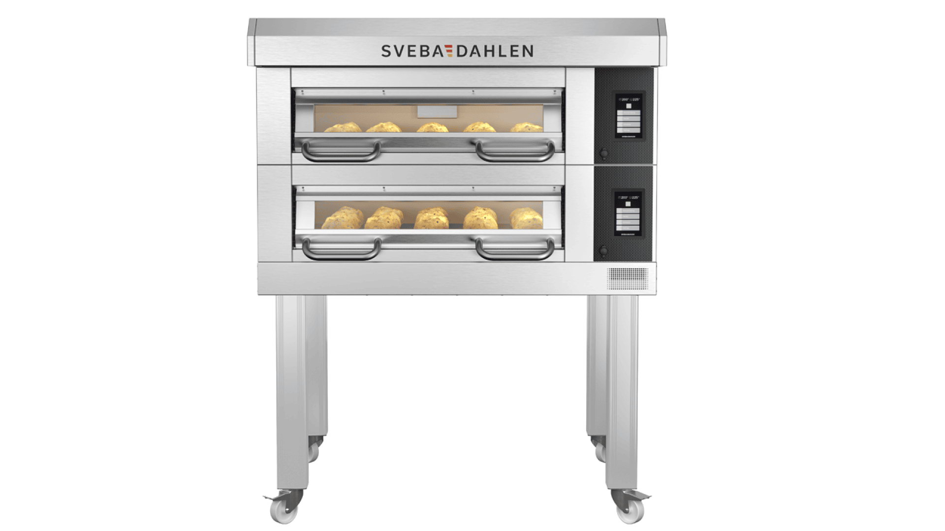 A commercial stainless steel Sveba Dahlen oven with two glass-fronted baking chambers, each filled with rows of dough or bread rolls, stands on four wheels.