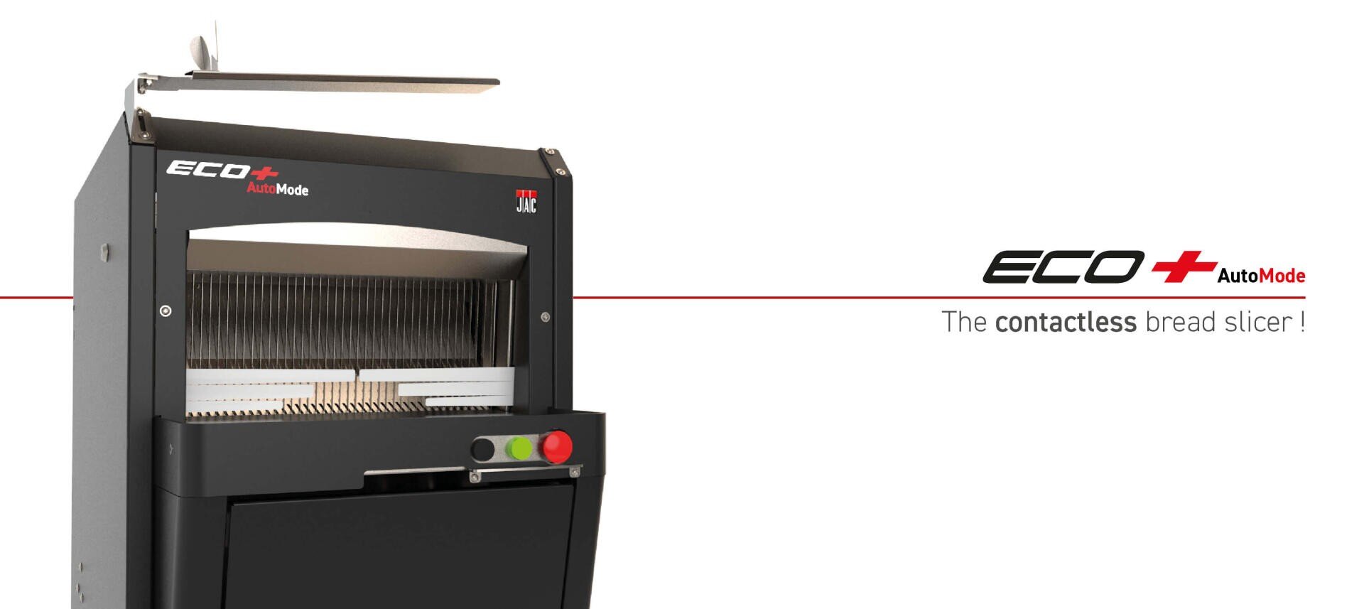 A black, contactless bread slicer machine labeled ECO+ AutoMode with control buttons is shown on the left. The text The contactless bread slicer! appears on the right with the product logo.